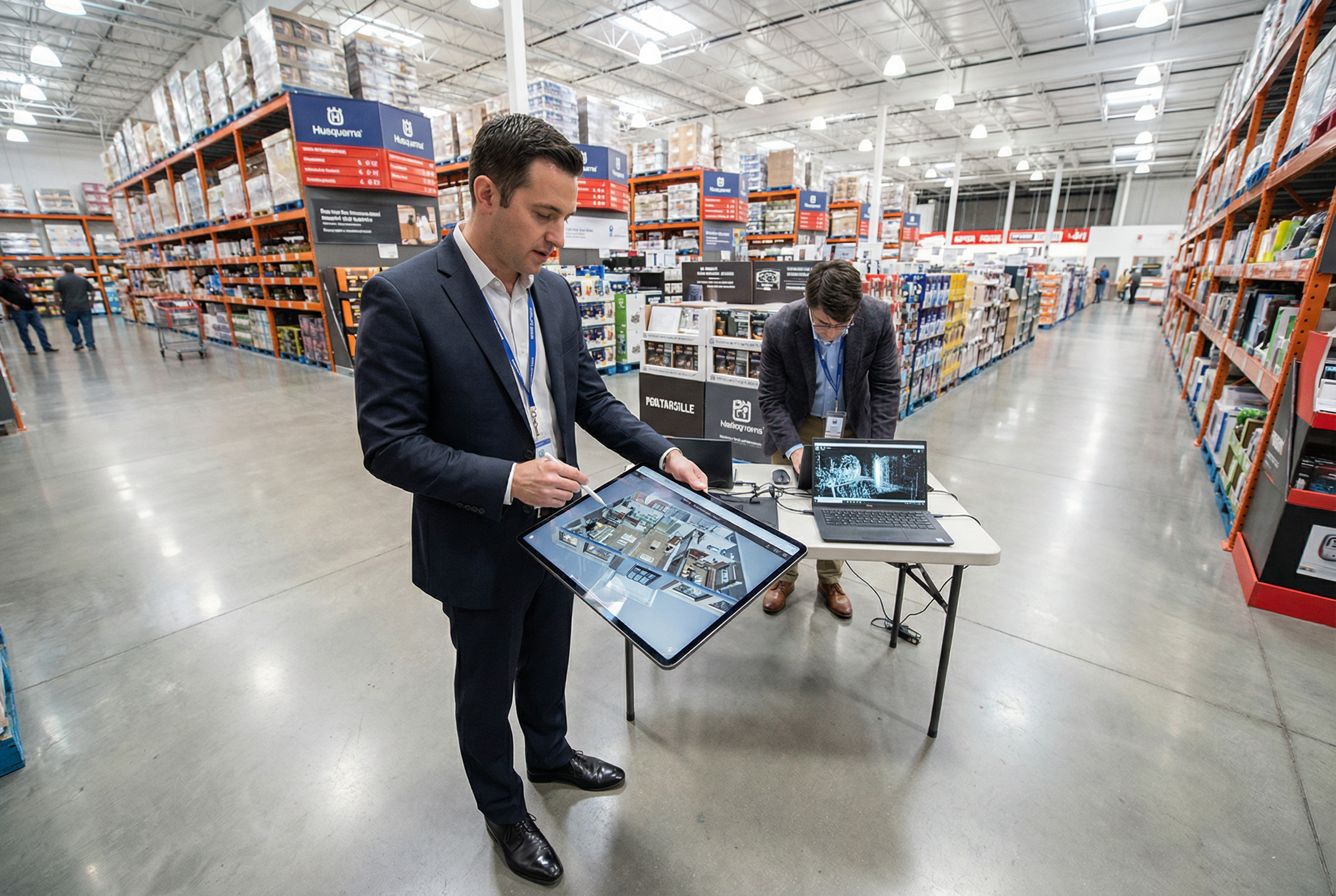Scan-to-BIM services - corporate executive reviewing 3D building model on tablet in Fortune 500 retail store - enterprise scale documentation