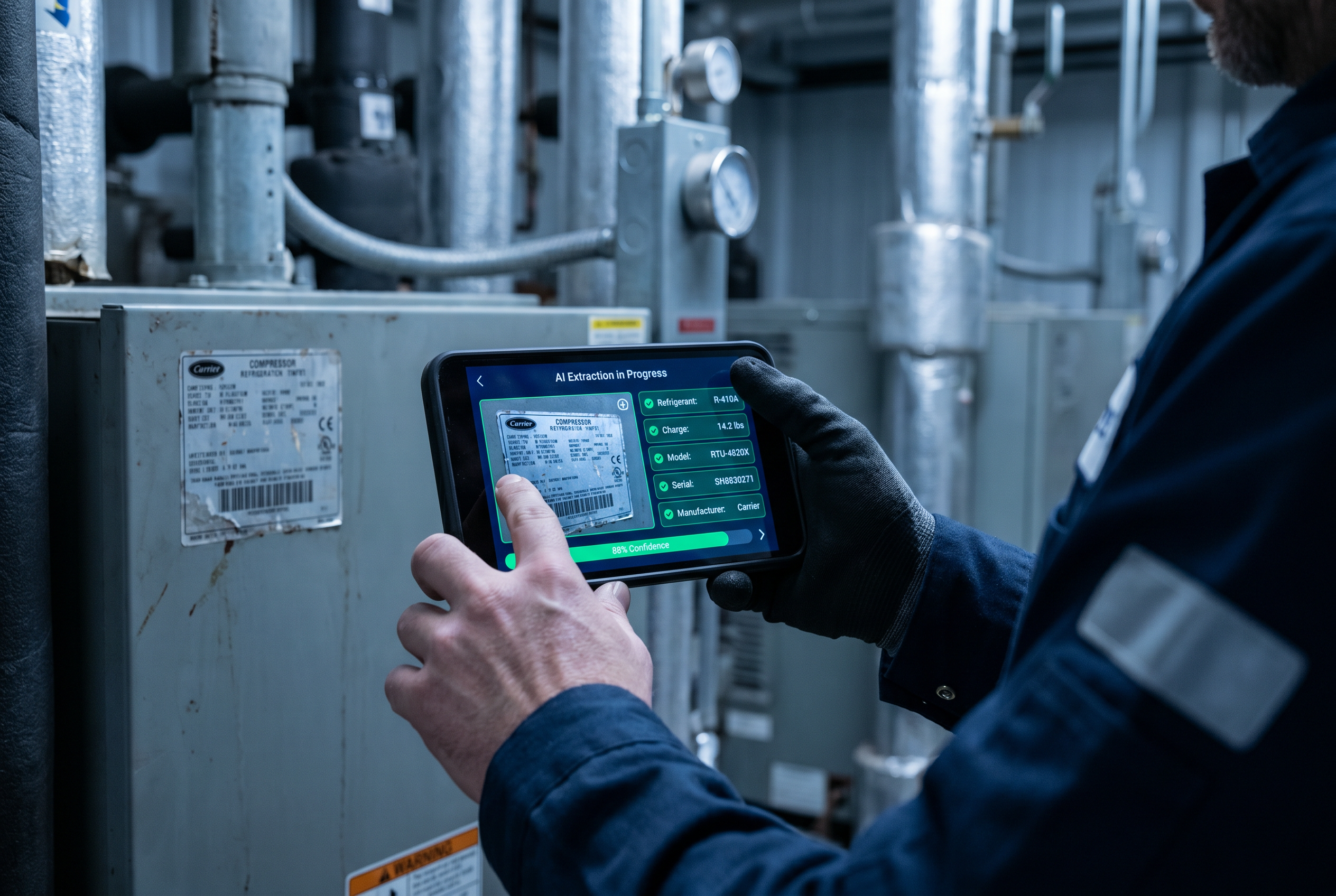 RI Capture app on smartphone showing AI-extracted equipment specification data from nameplate photo — 85-90% accuracy for regulatory compliance documentation