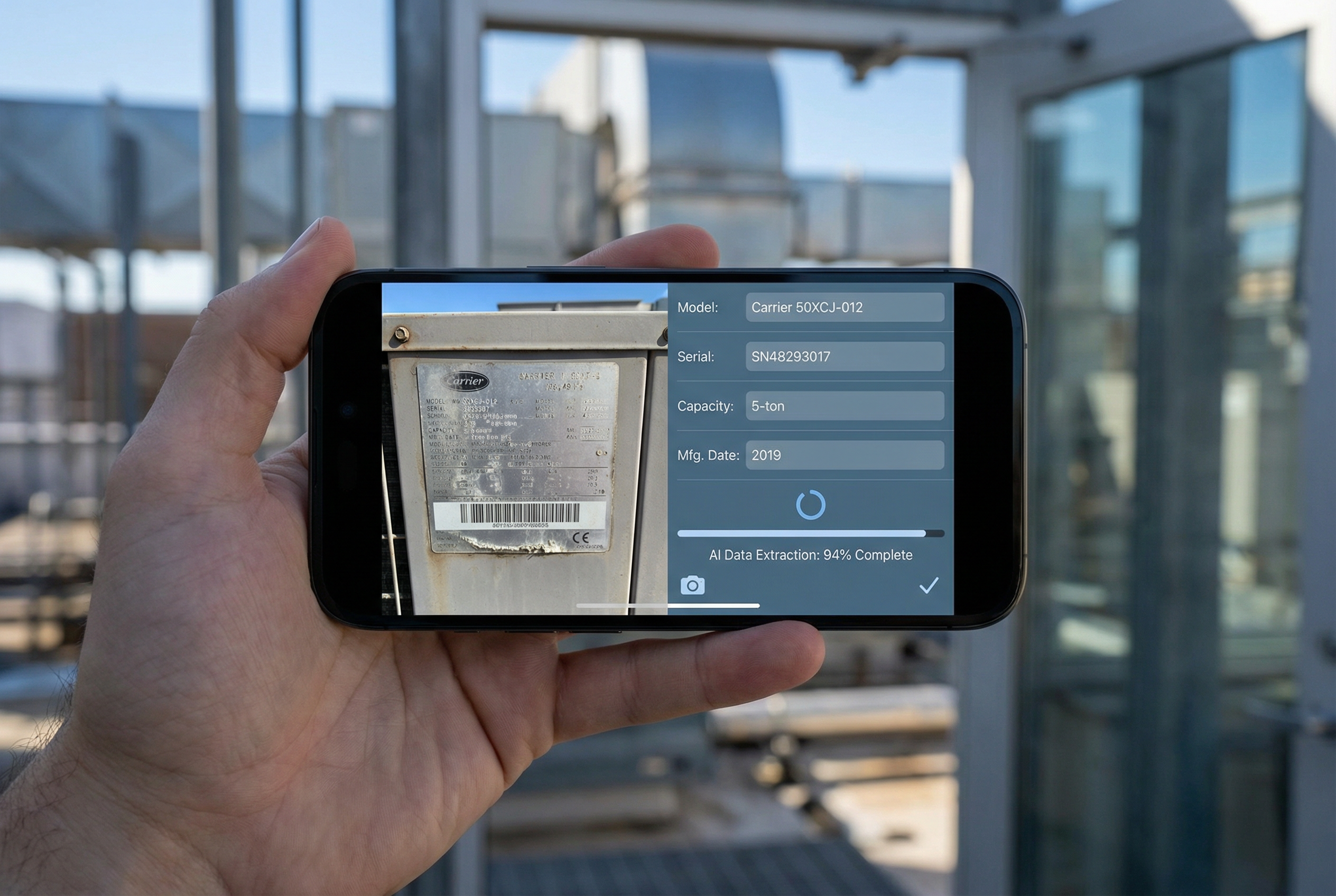 Facilities mobile app - AI nameplate extraction from HVAC photo on smartphone - 85-90% accuracy field documentation