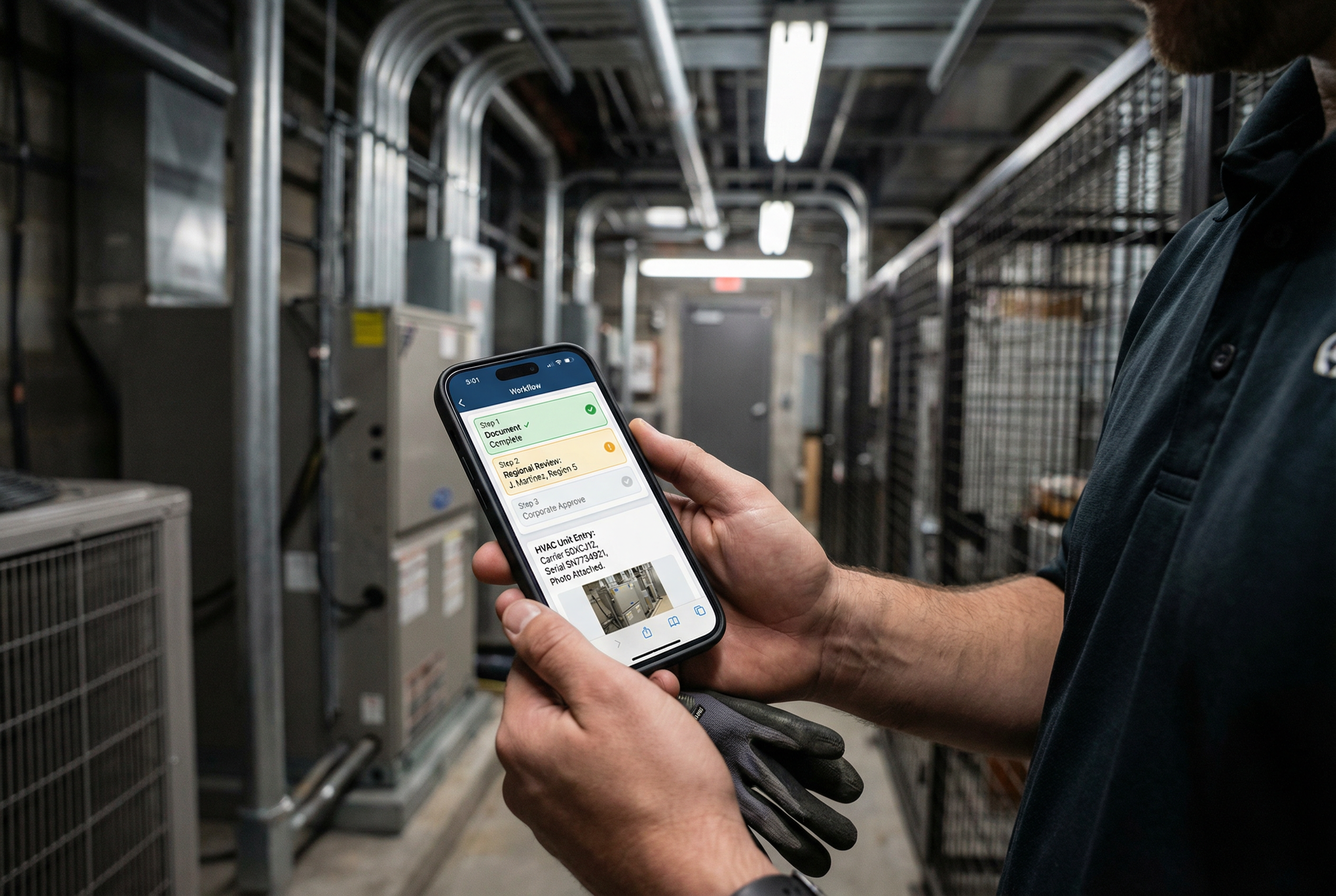 Distributed team asset tracking - multi-step approval workflow on iPhone - store manager submitting equipment documentation