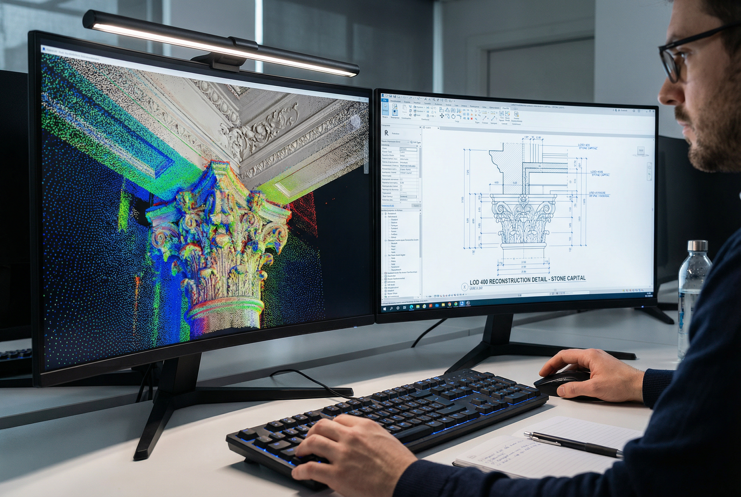 historic preservation scan to bim - point cloud visualization of ornate plaster cornice and carved architectural details - LEICA RTC 360 millimeter precision