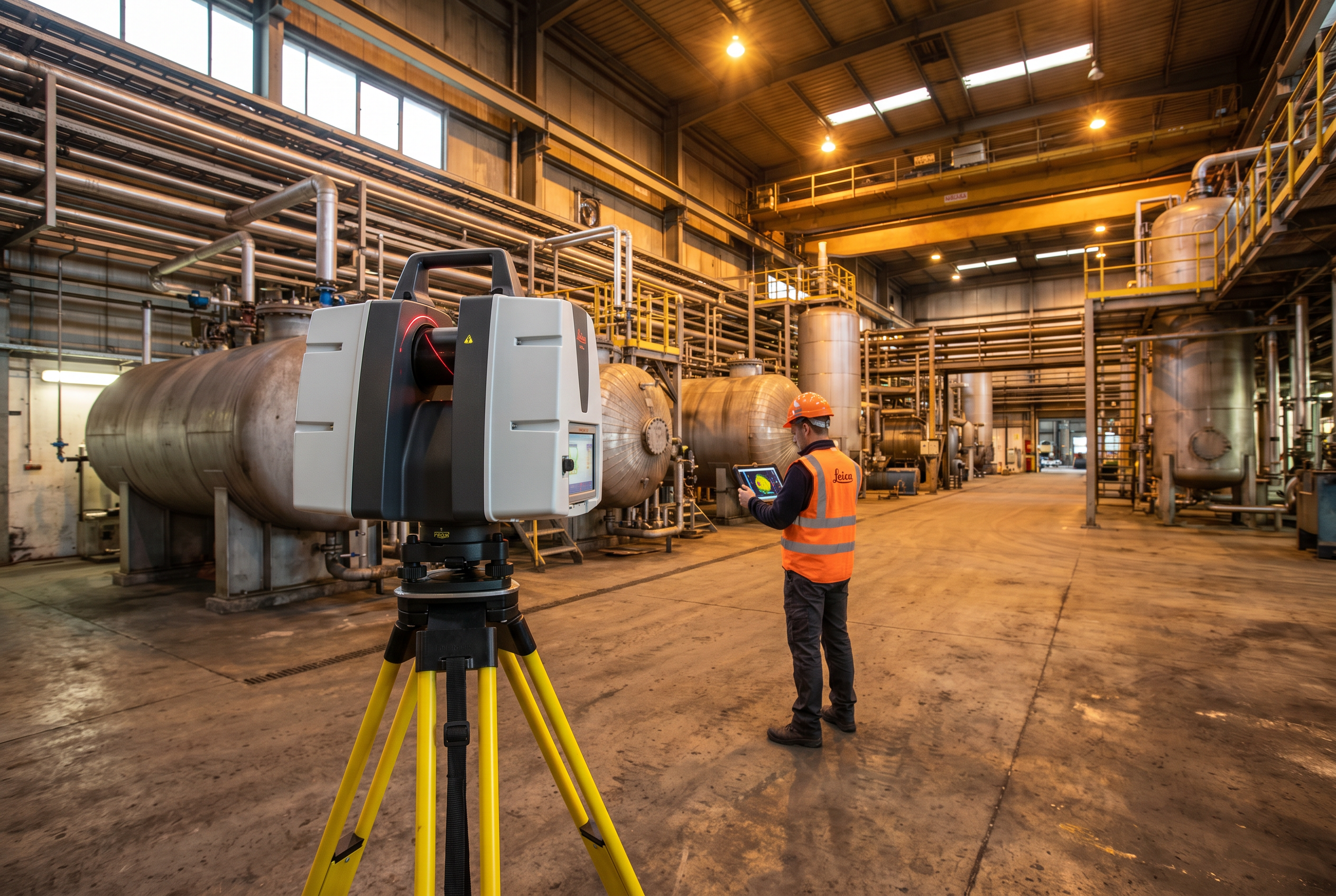 Leica ScanStation P50 on tripod scanning a large industrial petrochemical plant