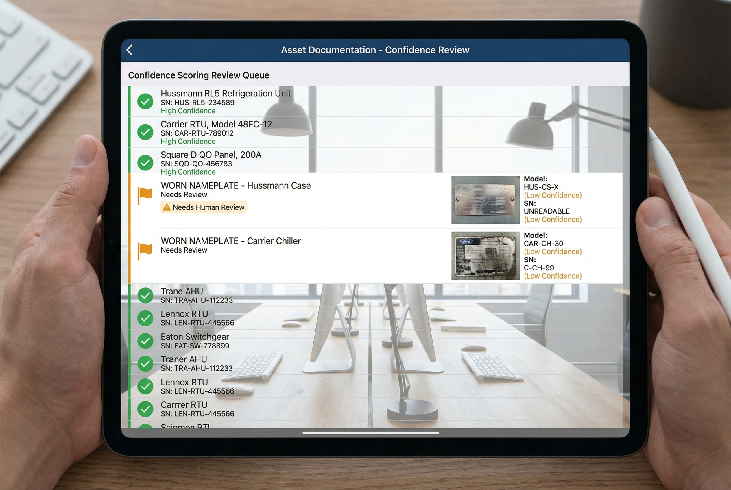 AI spec sheet extraction confidence scoring interface - flagged low-confidence nameplate review queue - IT manager workflow