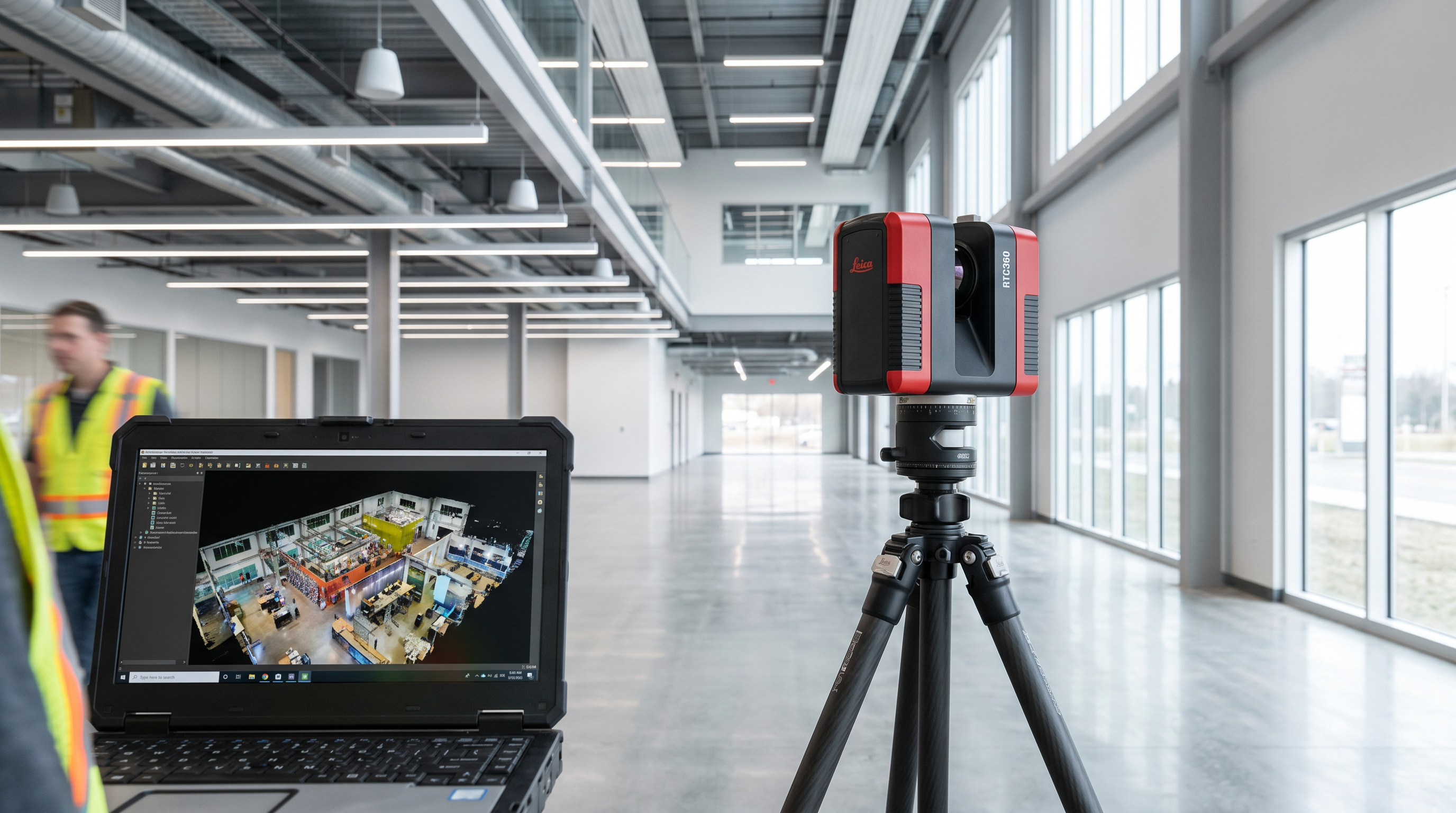 LEICA RTC 360 LiDAR scanner on tripod in commercial building interior capturing point cloud data for AEC documentation