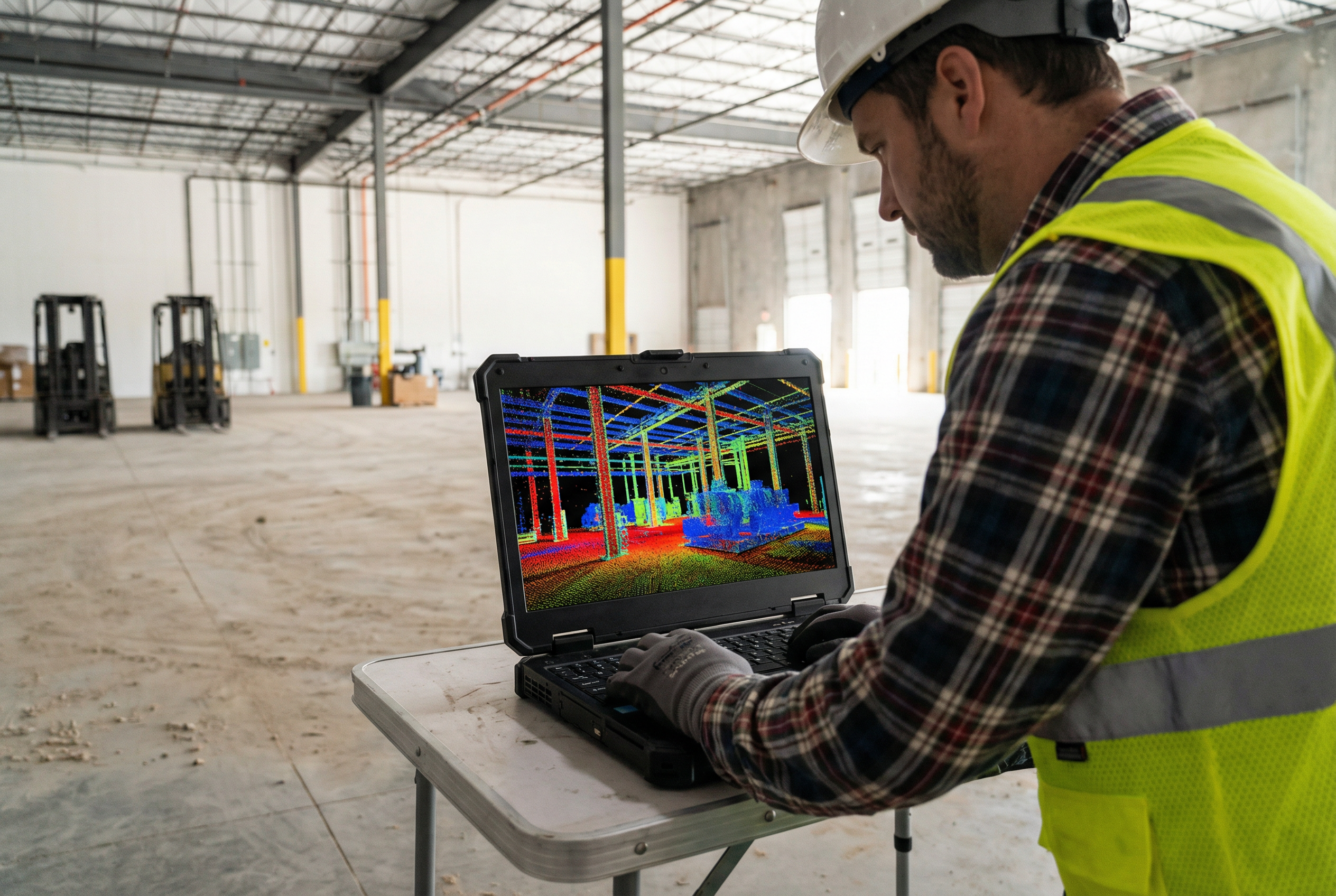 industrial facility laser scanning - point cloud visualization of warehouse interior on laptop screen - scan-to-BIM workflow