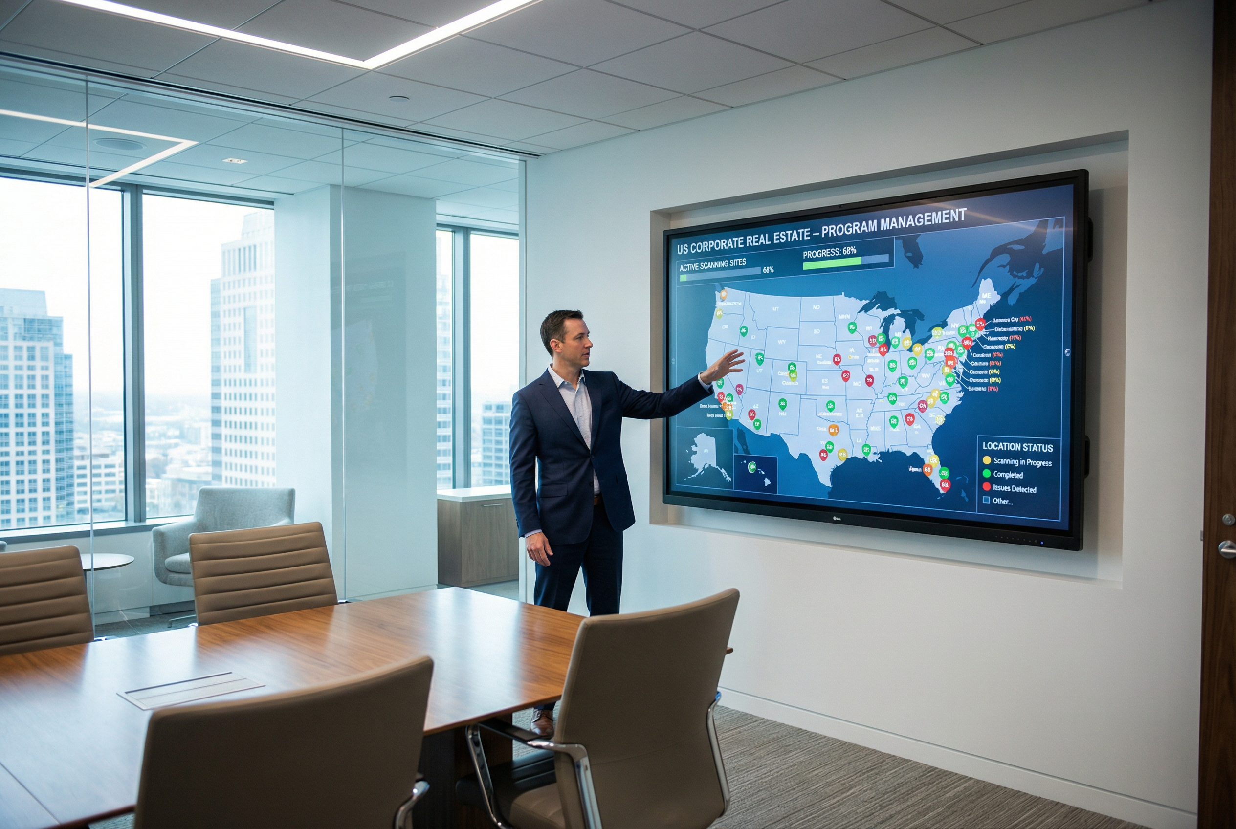 multi location scan to bim - corporate dashboard showing real-time portfolio scanning progress across 500 locations - enterprise program management