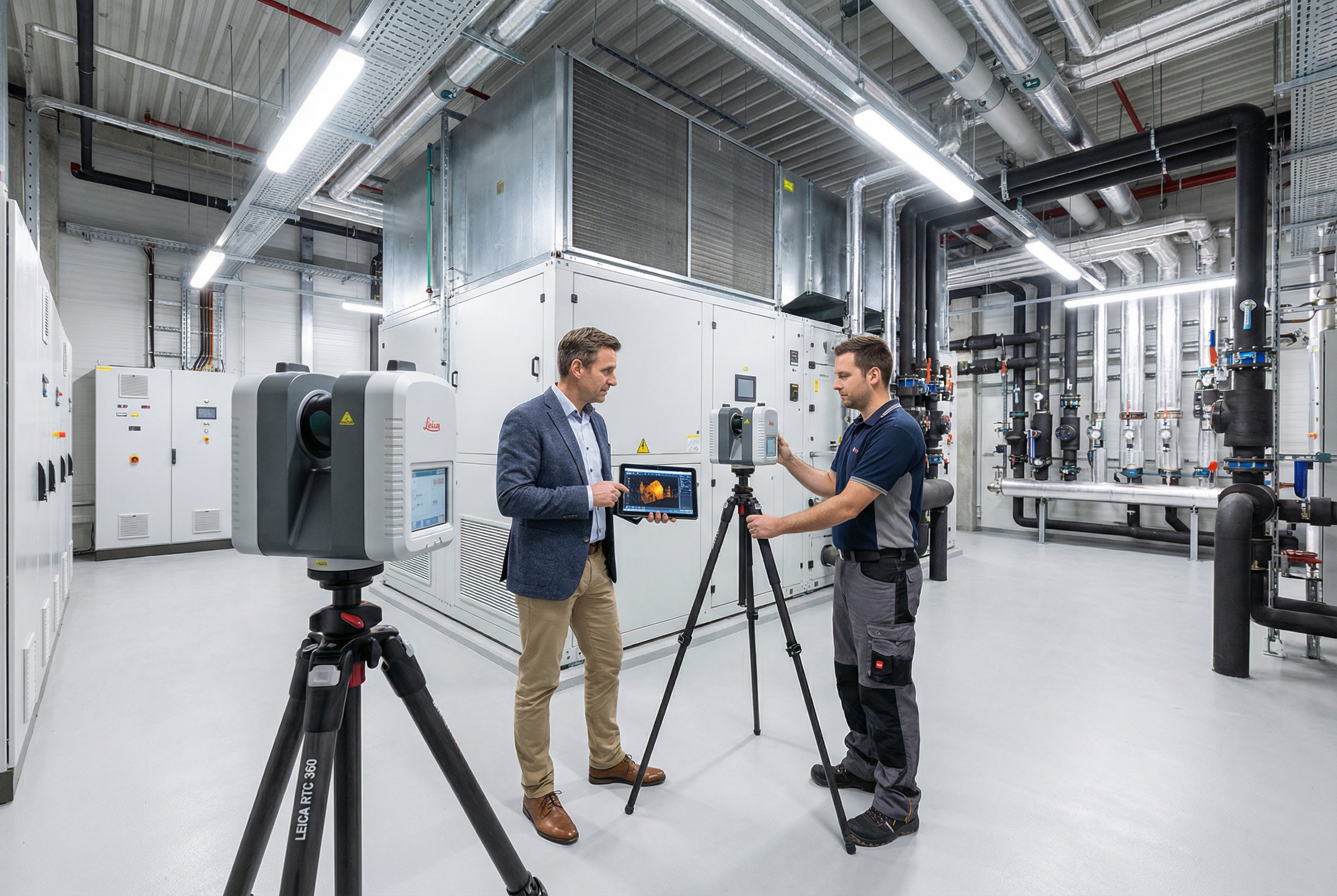 facility manager scan to bim - LEICA RTC 360 laser scanner documenting commercial office building mechanical room - professional facility documentation