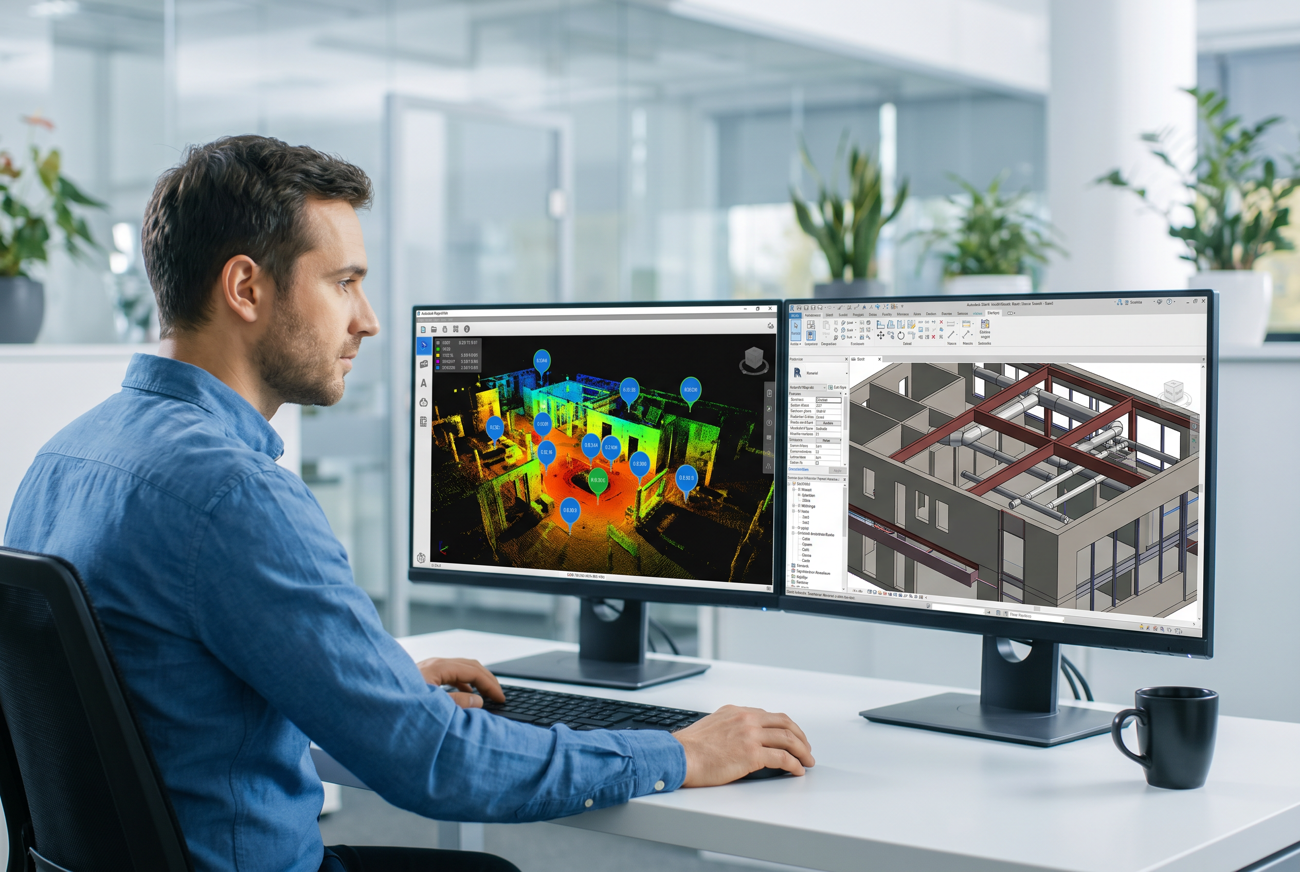 BIM technician reviewing point cloud registration residuals in Autodesk ReCap Pro on dual monitors