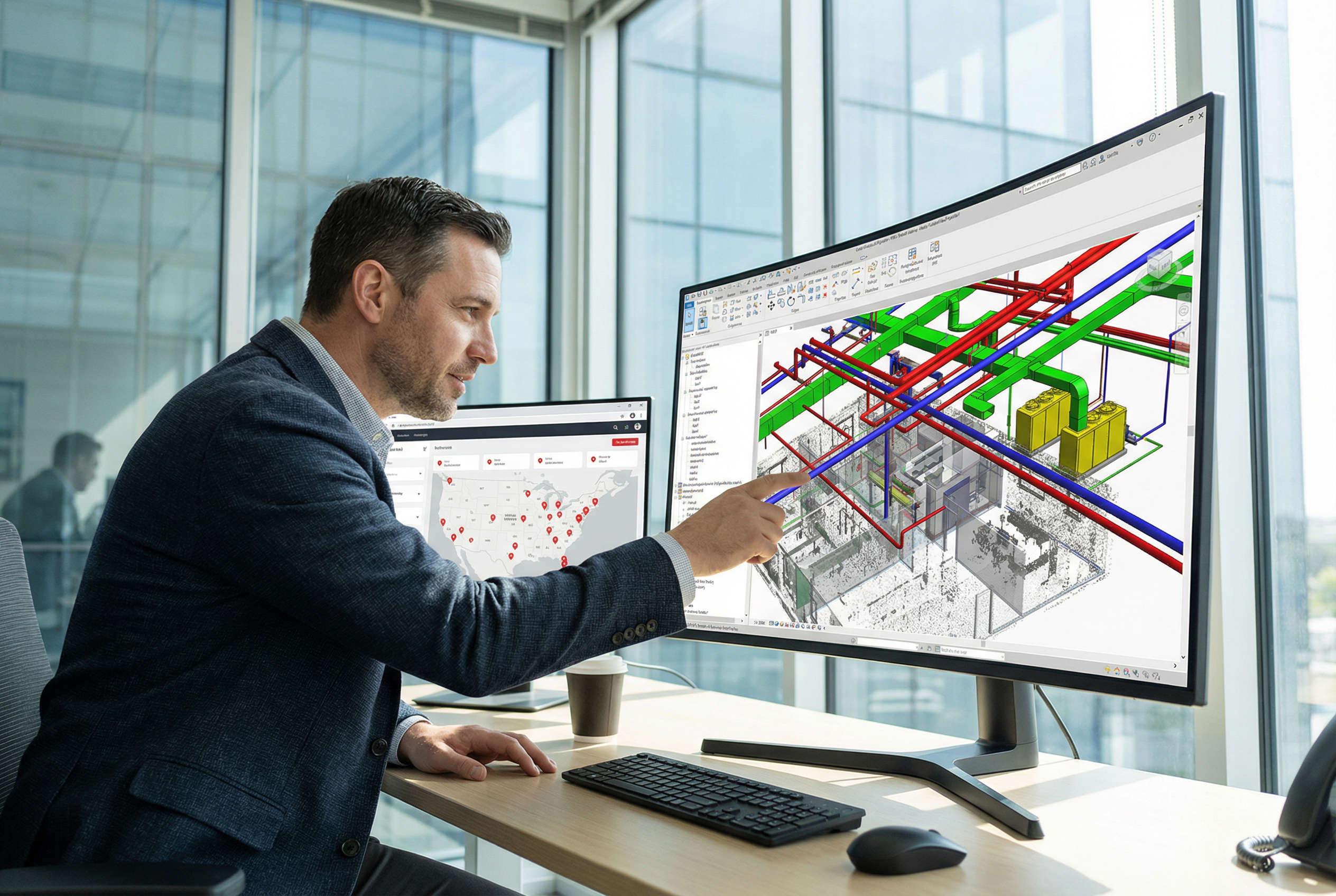 retail facilities scan to bim - facilities manager reviewing LOD 300 Revit models for multi-location retail remodel program - portfolio documentation