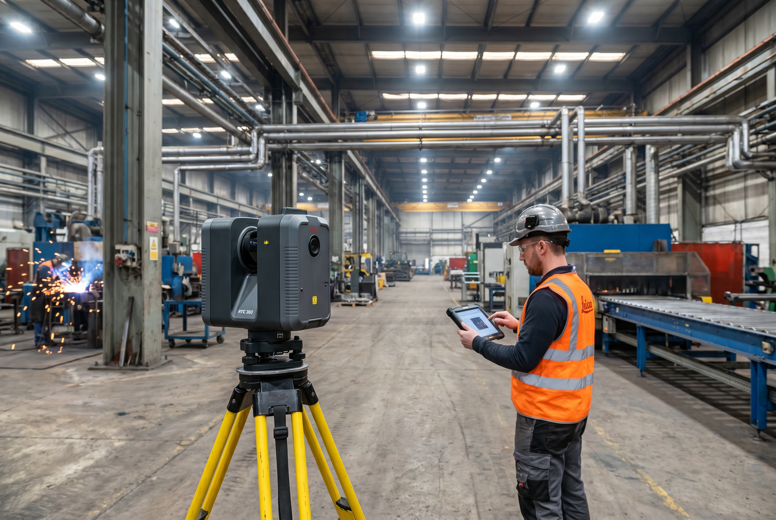 LEICA RTC 360 scanner on tripod scanning a large industrial manufacturing floor