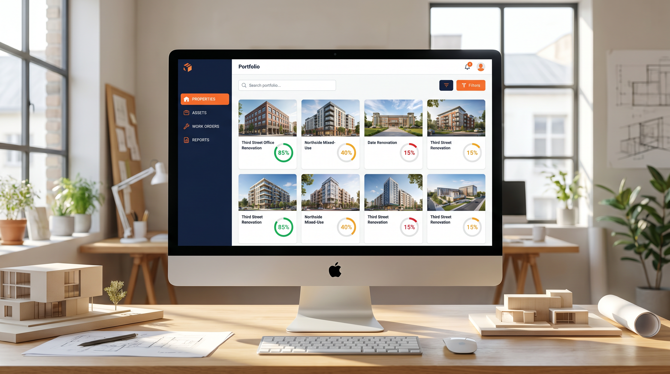 Robotic Imaging RI Facilities web platform — architect's portfolio view showing multiple renovation projects with documentation completion status and AI health scores