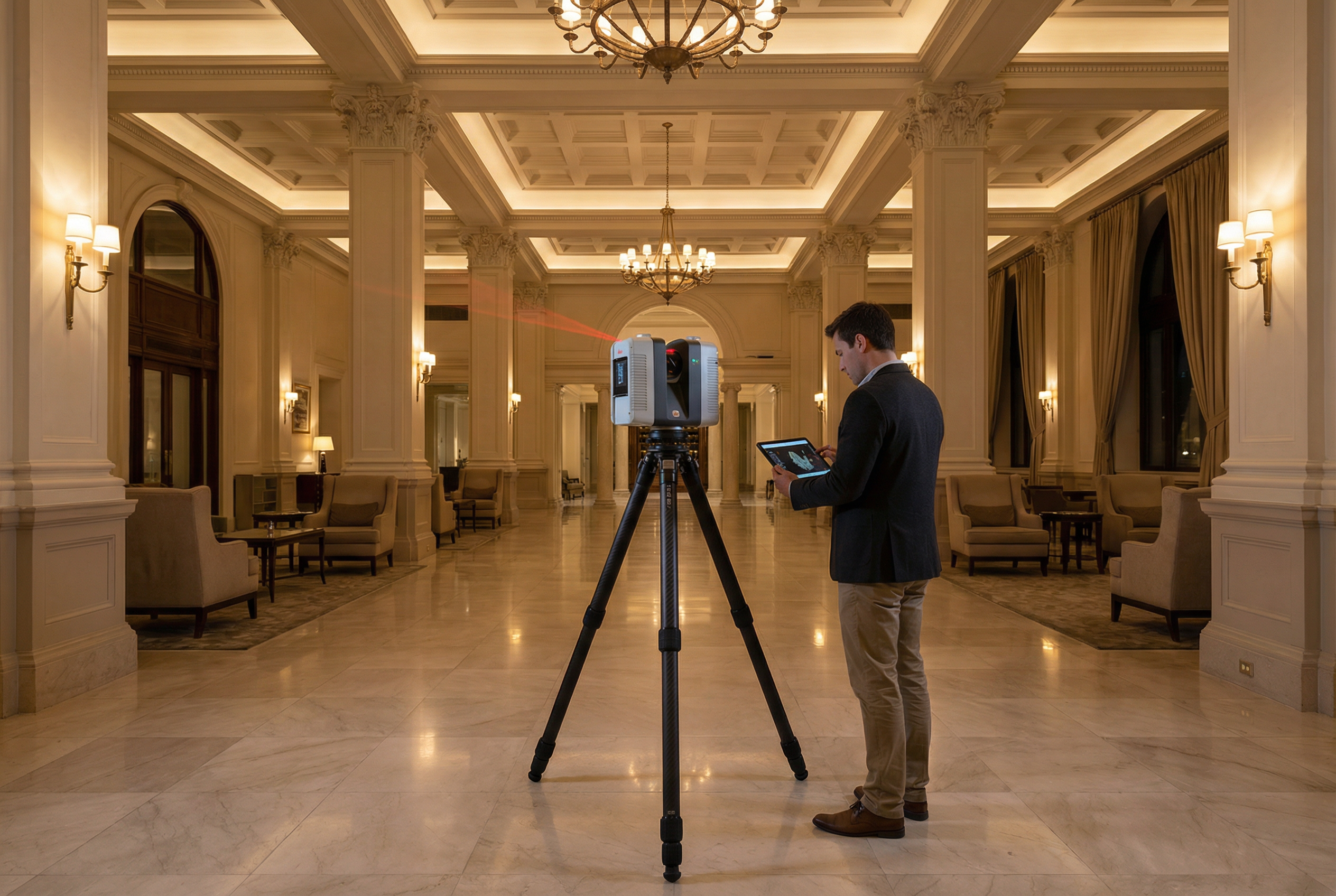 design build scan to bim - LEICA RTC 360 laser scanner documenting hotel lobby during overnight scan session - hospitality renovation preconstruction