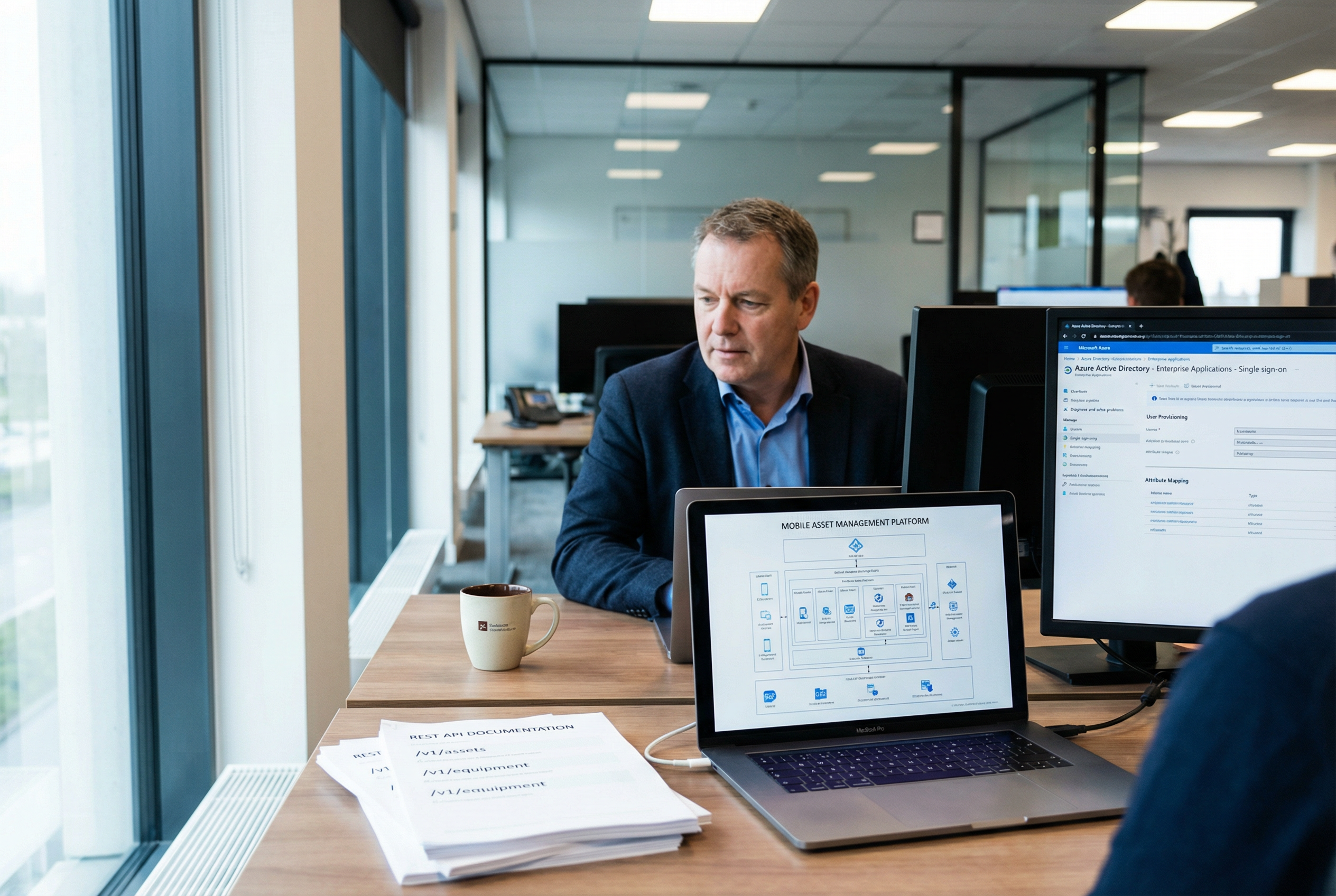 IT manager mobile asset platform architecture - CIO reviewing integration specs on MacBook Pro - enterprise IT validation