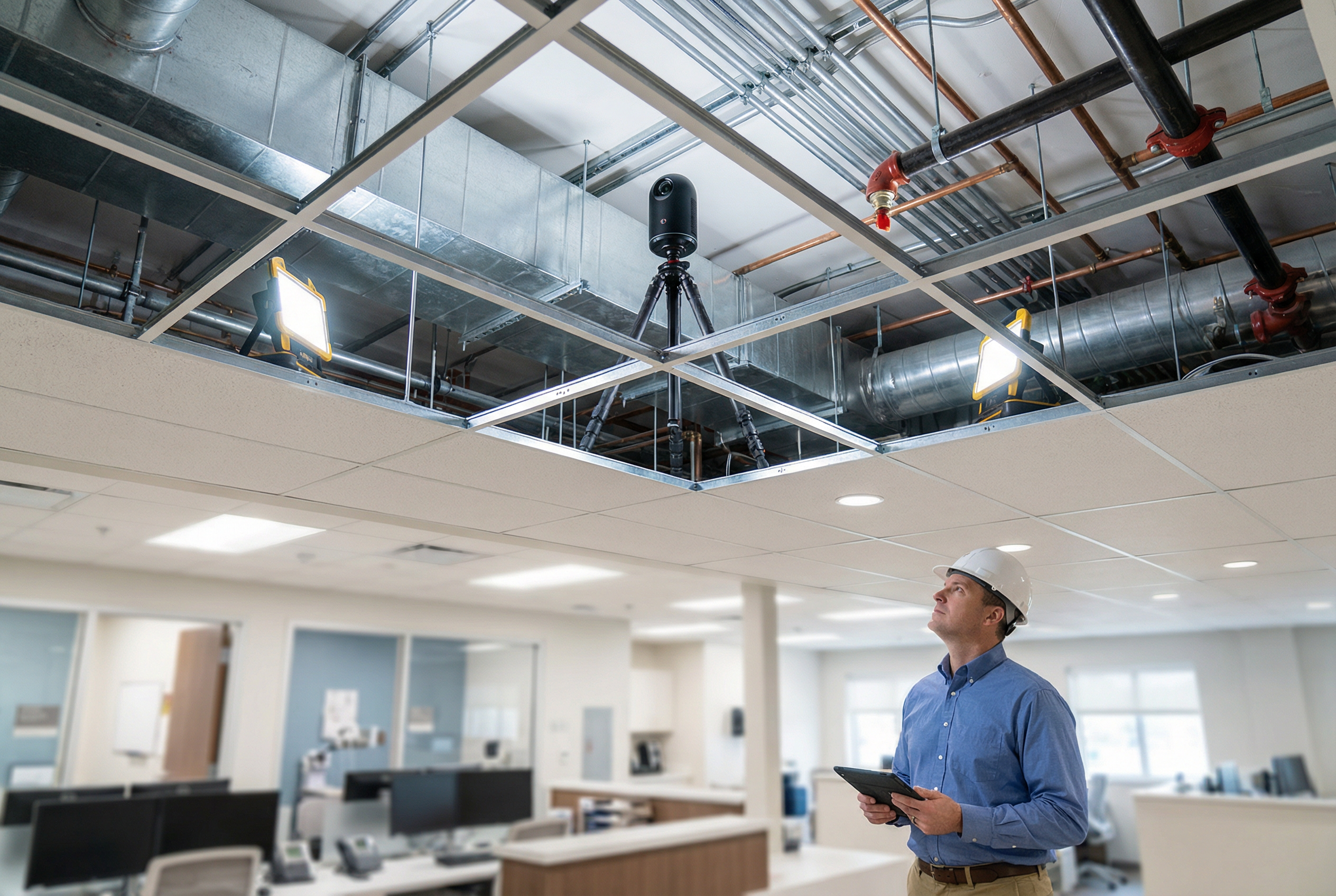 mep engineer scan to bim - LEICA BLK 360 scanner documenting above-ceiling MEP systems with ceiling tile removed - professional laser scanning