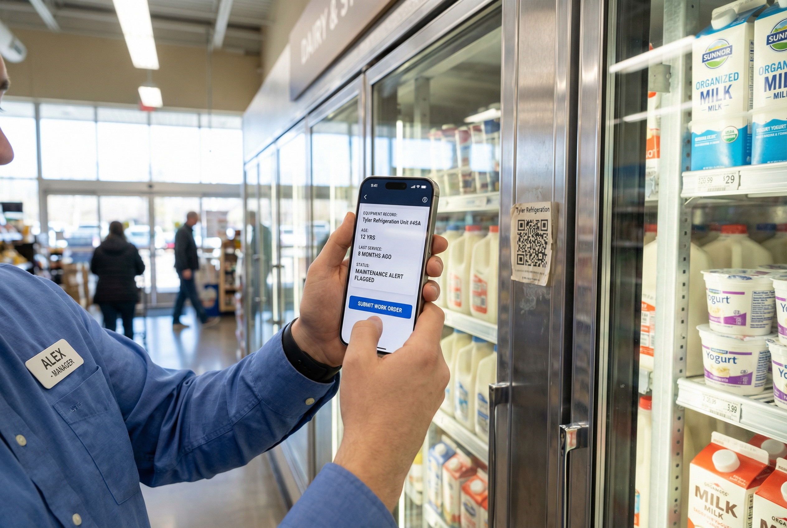 Mobile asset management platform - QR code scan revealing equipment history and work order submission - store manager retail app