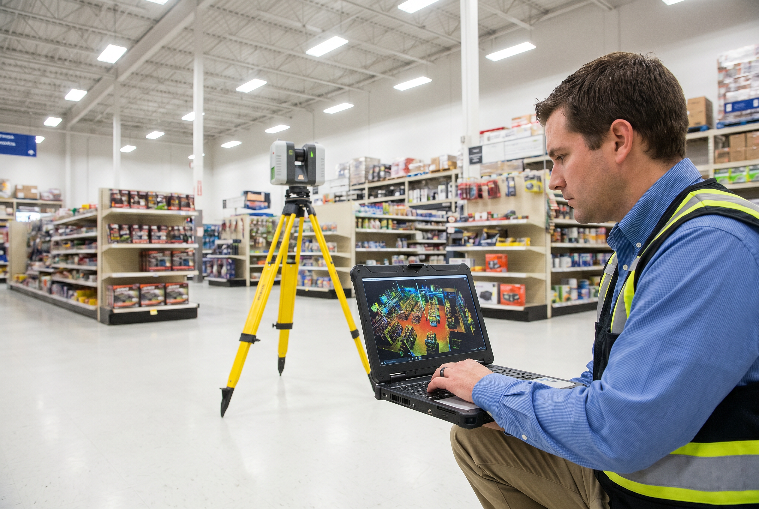 Survey technician reviewing registered point cloud data on a laptop inside a large retail store during scanning