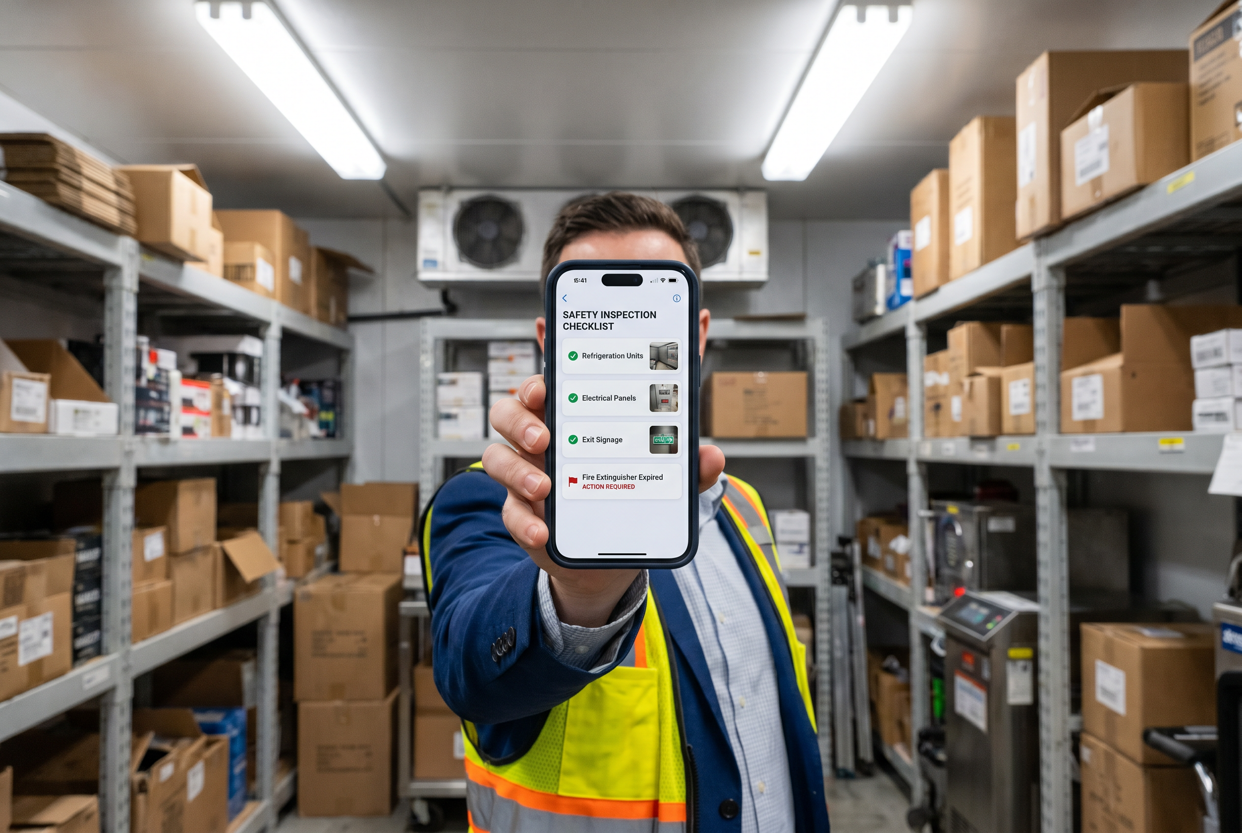 Compliance manager using RI Capture mobile app to photograph equipment nameplate in retail store back-of-house — Robotic Imaging AI asset documentation