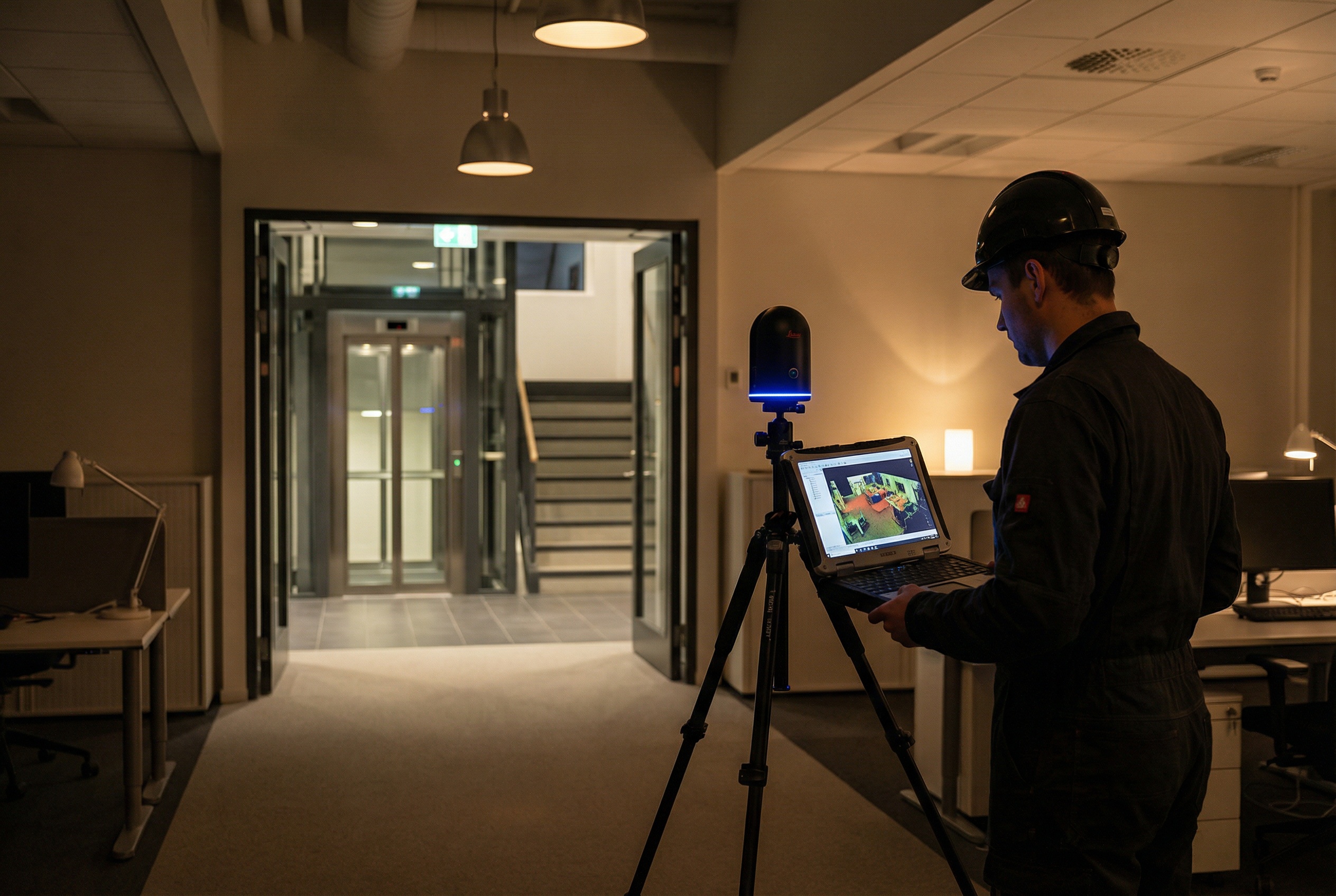 commercial building scan to bim - after-hours laser scanning of vacant office floor with point cloud visualization on laptop - occupied building protocol
