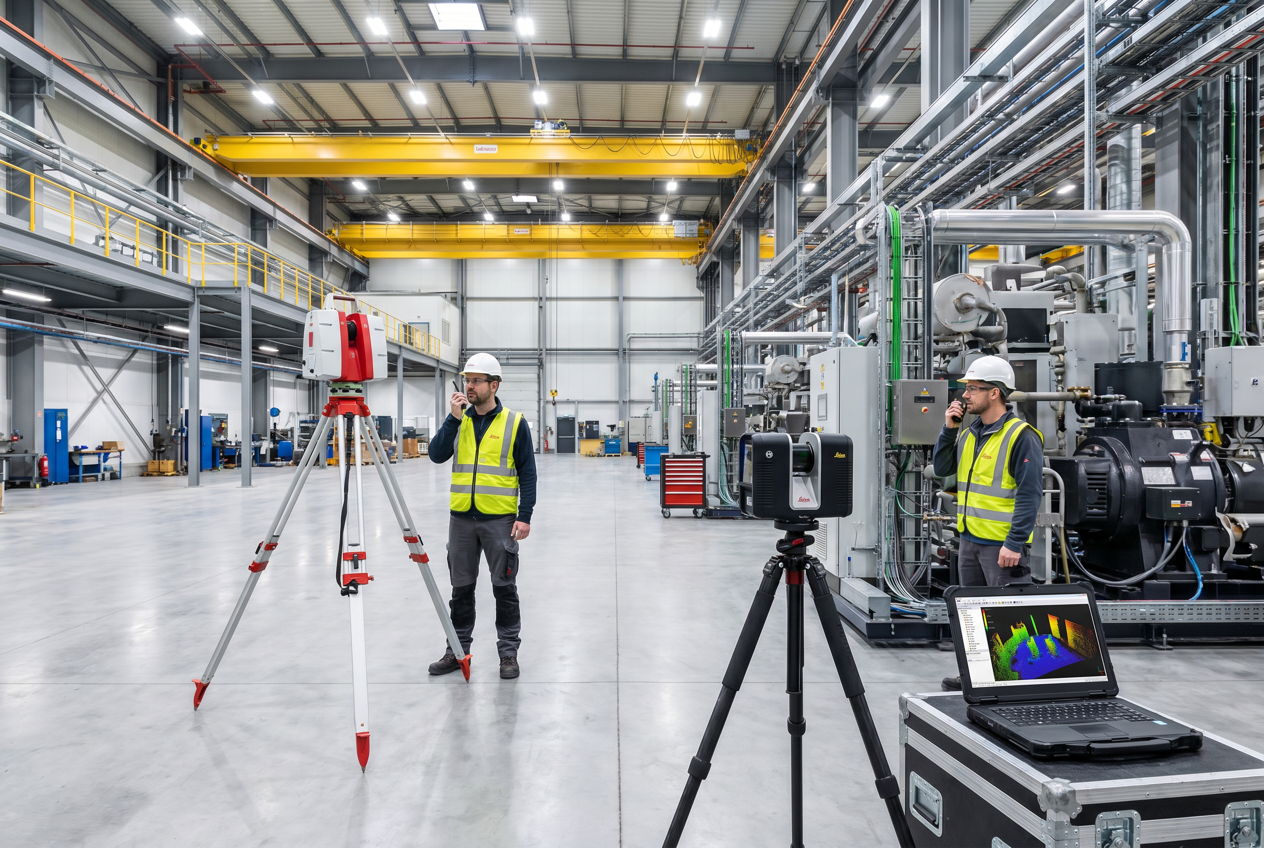 Side by side LEICA P50 and RTC 360 scanners deployed together on an industrial plant floor