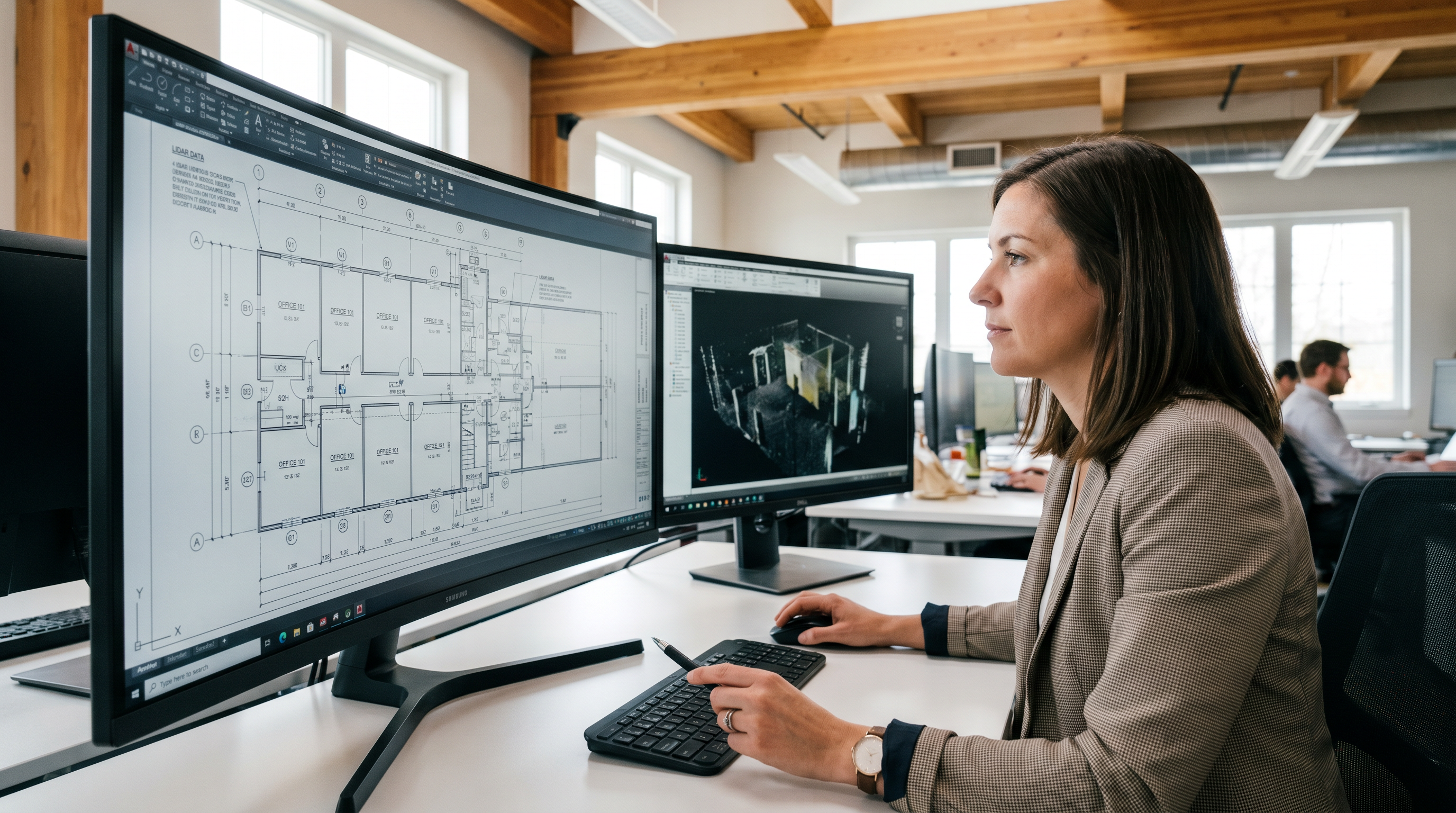 scan to CAD deliverables — architect reviewing dimensioned AutoCAD floor plan on monitor extracted from LiDAR point cloud in modern office — as-built documentation