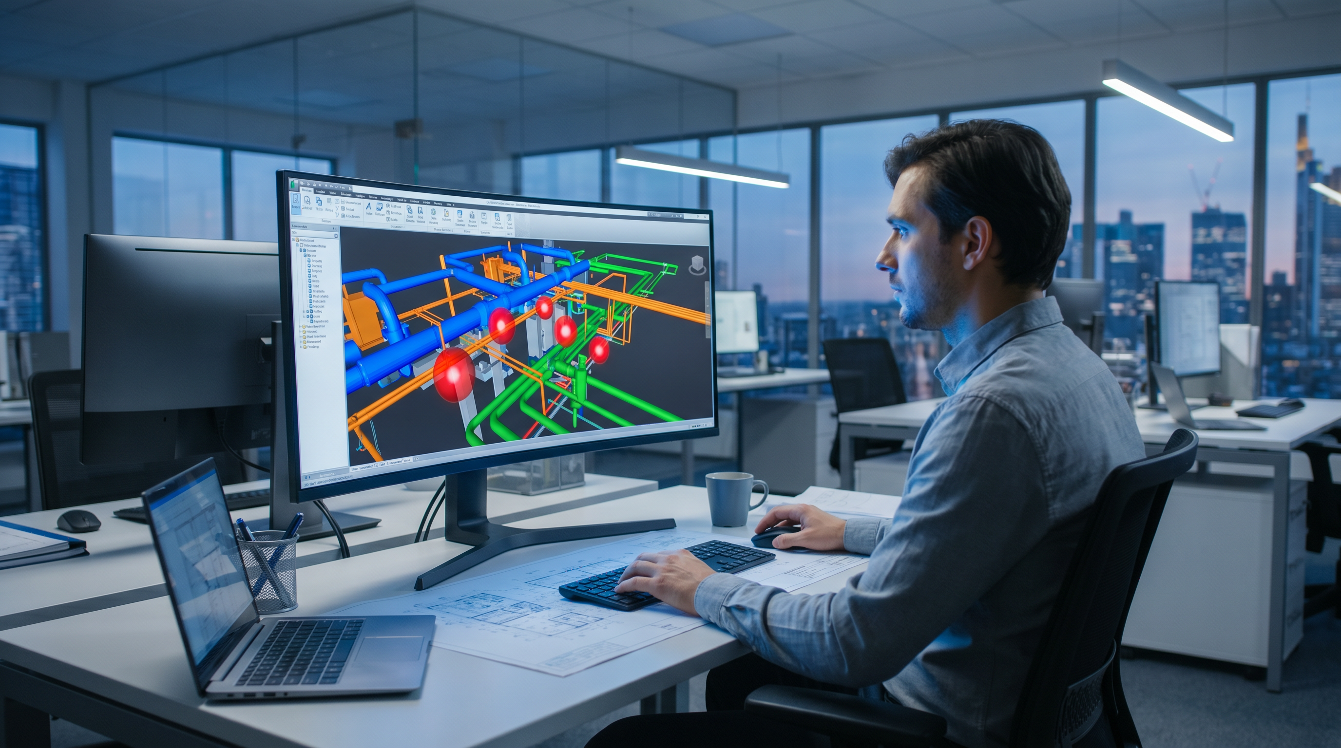 Navisworks BIM model showing MEP clash detection analysis with highlighted hard clashes in a commercial building