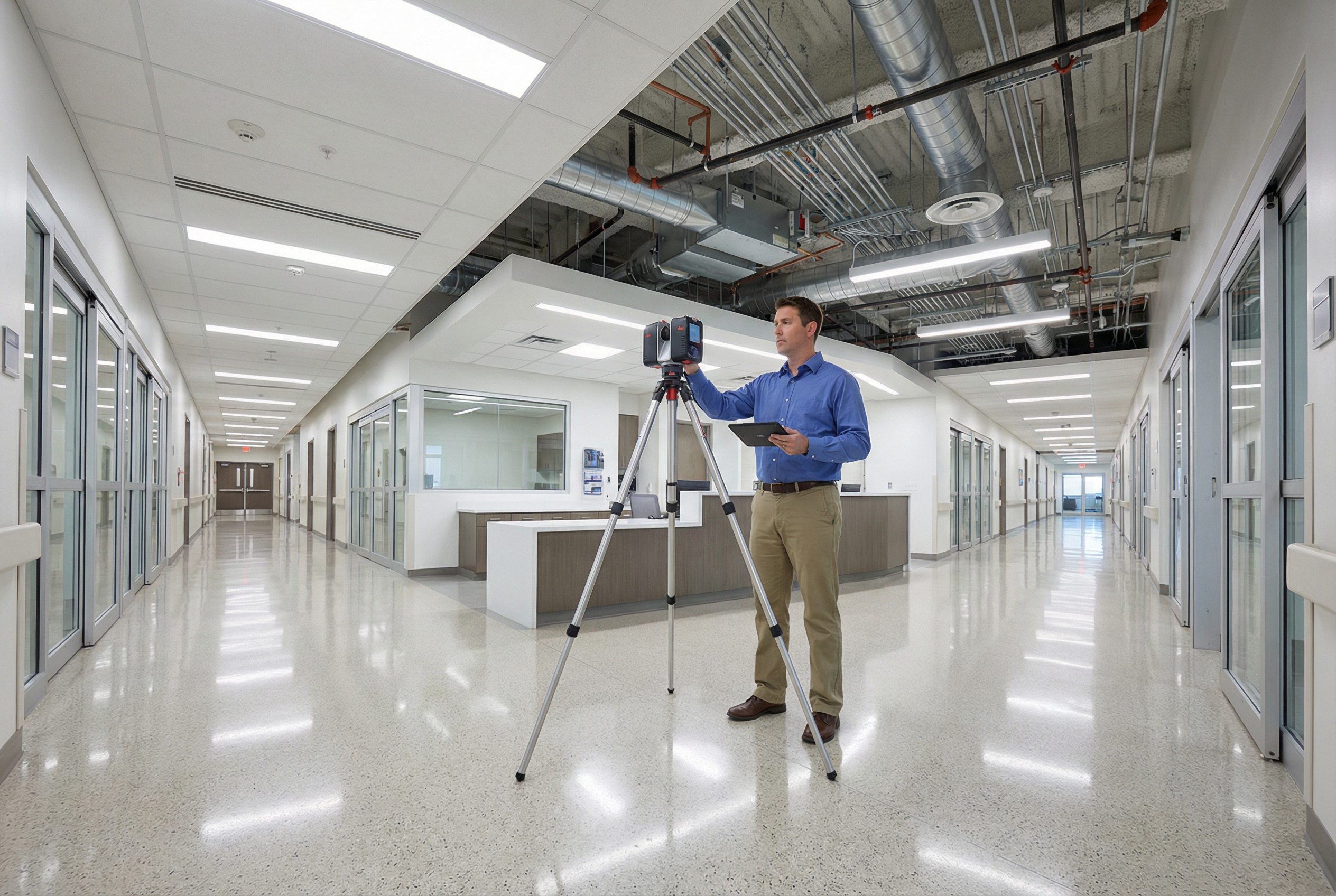 construction project manager scan to bim - LEICA RTC 360 laser scanner documenting hospital corridor - pre-construction verification