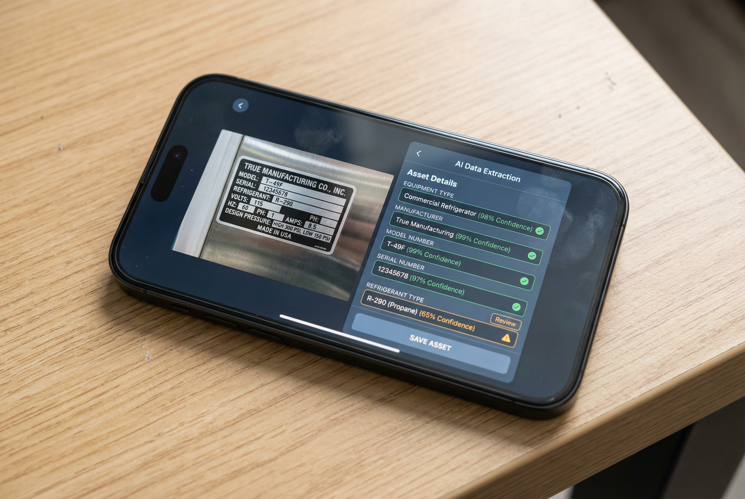 AI computer vision equipment recognition - confidence scoring interface with equipment photo and auto-extracted specs - facility management platform
