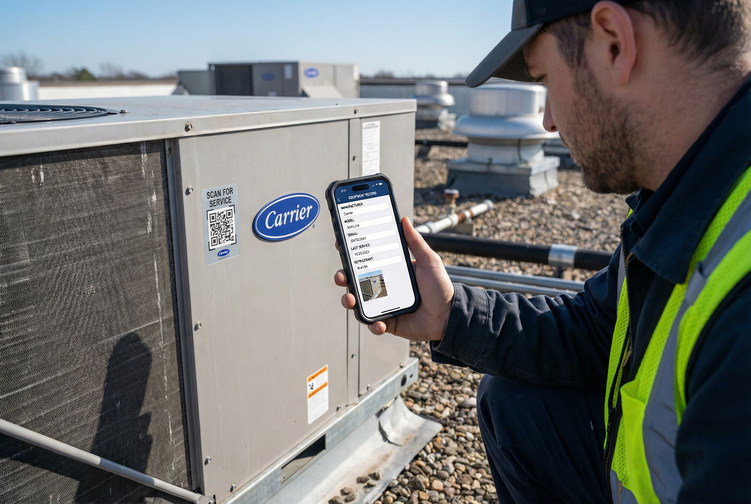 Maintenance manager mobile work order platform - QR code equipment scan showing AI-extracted specs - field technician rooftop HVAC