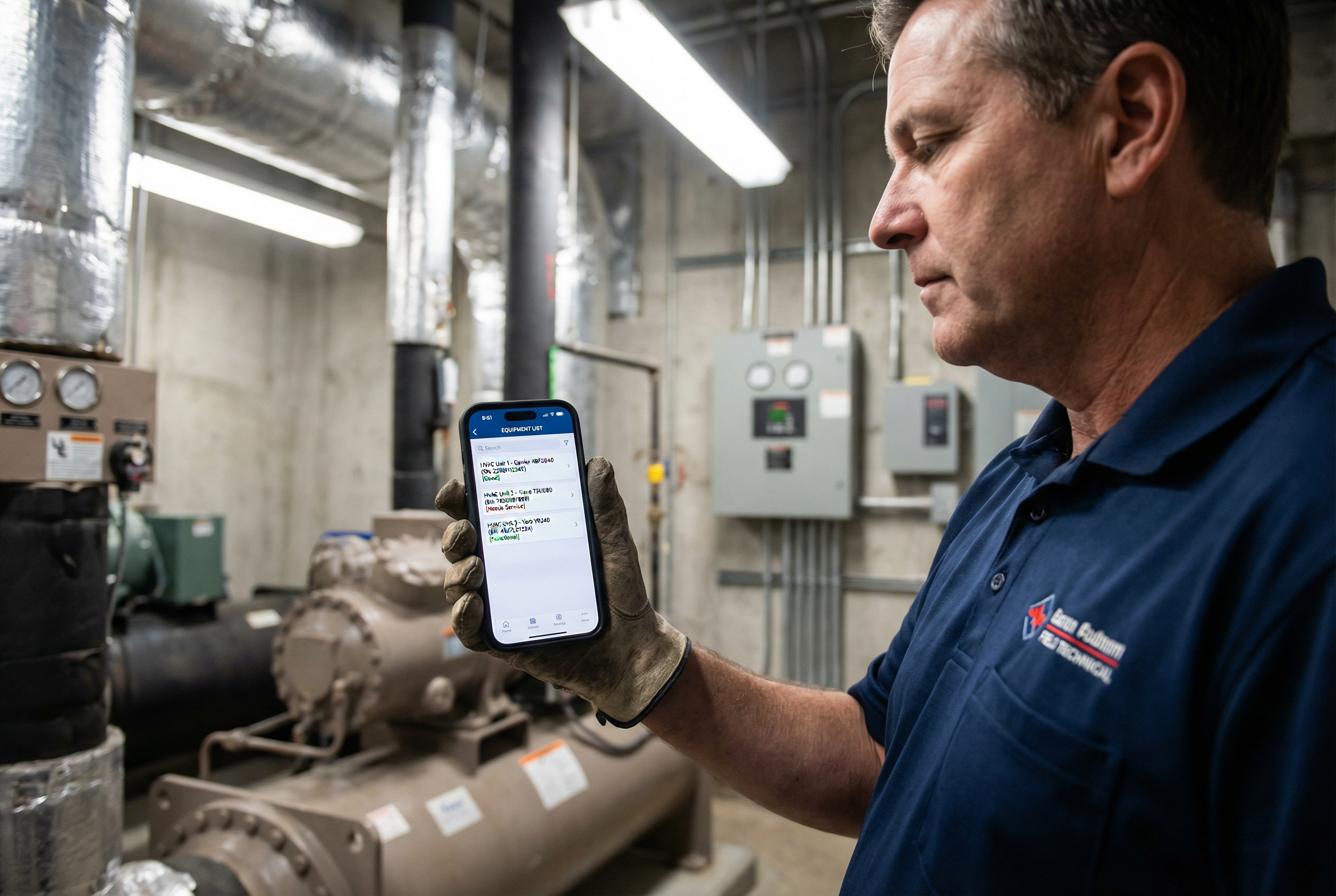 Facility operations mobile documentation platform - field technician logging equipment on iPhone - commercial equipment room
