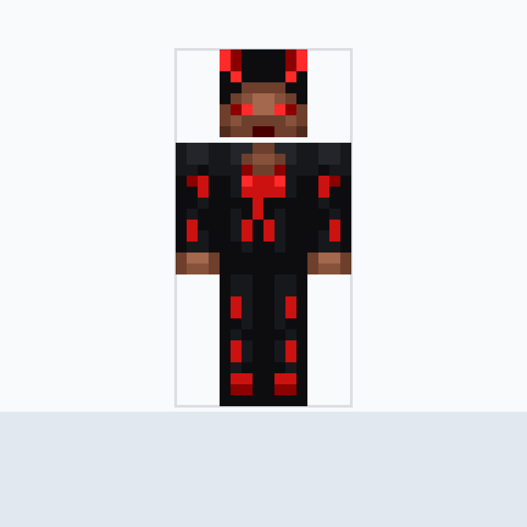 Dark devil-themed Minecraft gaming skin. Messy black hair, sharp Minecraft skin