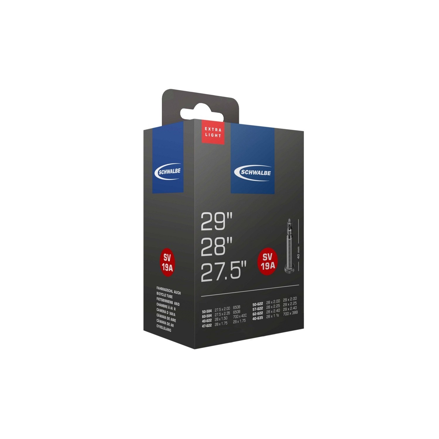 TÖM 27,5/28/29 (584/622/635) SCHWALBE SV19A EXTRA LIGHT - 40MM DOBOZOS