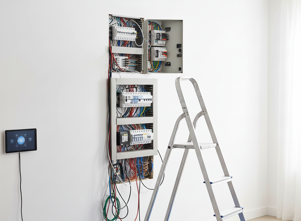 Professional electrician posing in front of an electrical panel.