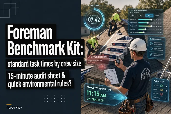 Foreman time-motion benchmark kit: standard task times and a 15-minute audit sheet for reroof crews