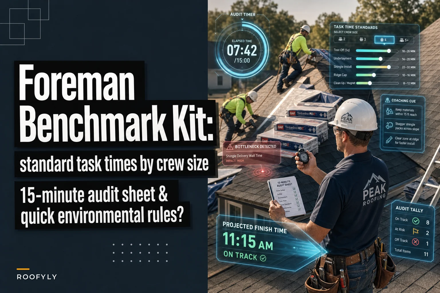Foreman time-motion benchmark kit: standard task times and a 15-minute audit sheet for reroof crews