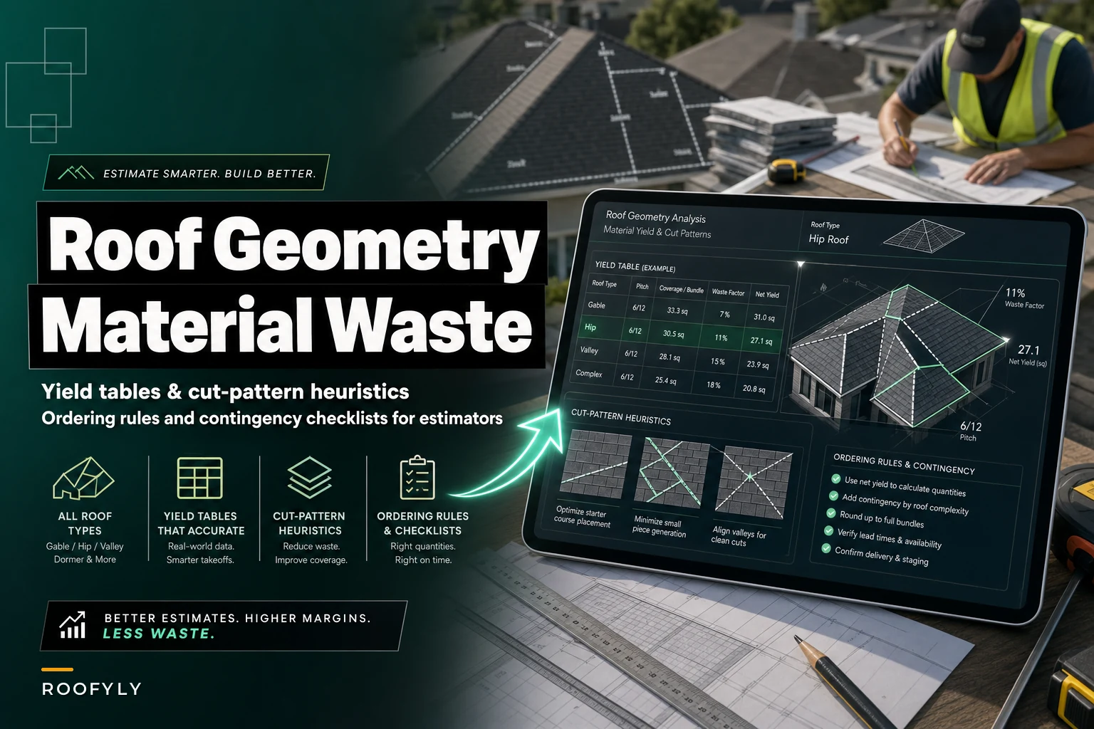 How roof geometry drives material waste: yield tables, cut-pattern heuristics and ordering rules for common roof types