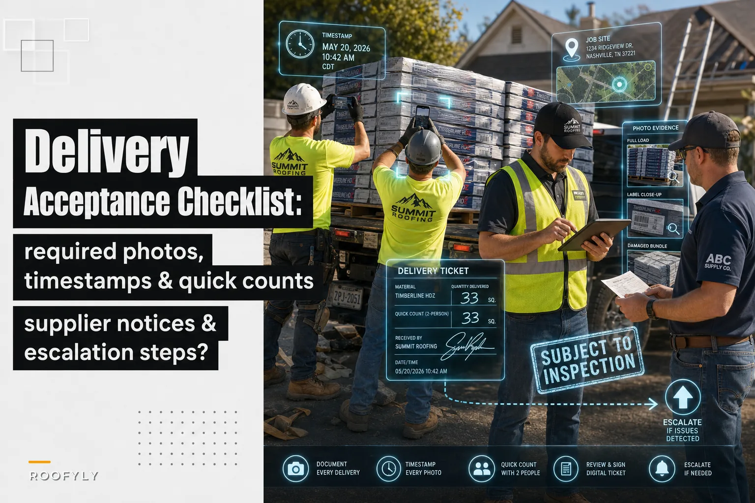 Material delivery acceptance checklist and supplier photo protocol for reroofs