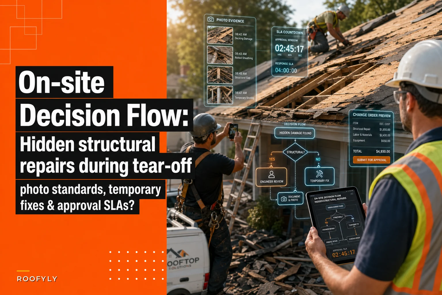On-site decision flow for hidden structural repairs during tear-off: photo standards, temporary fixes and approval time rules