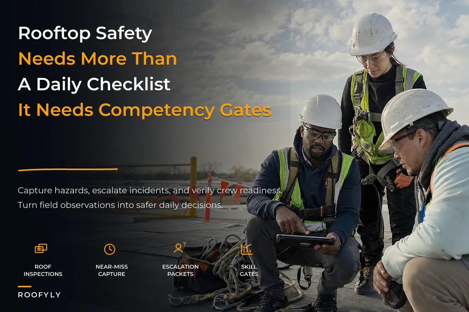 Staged rooftop safety framework for crew inspection and competency gates