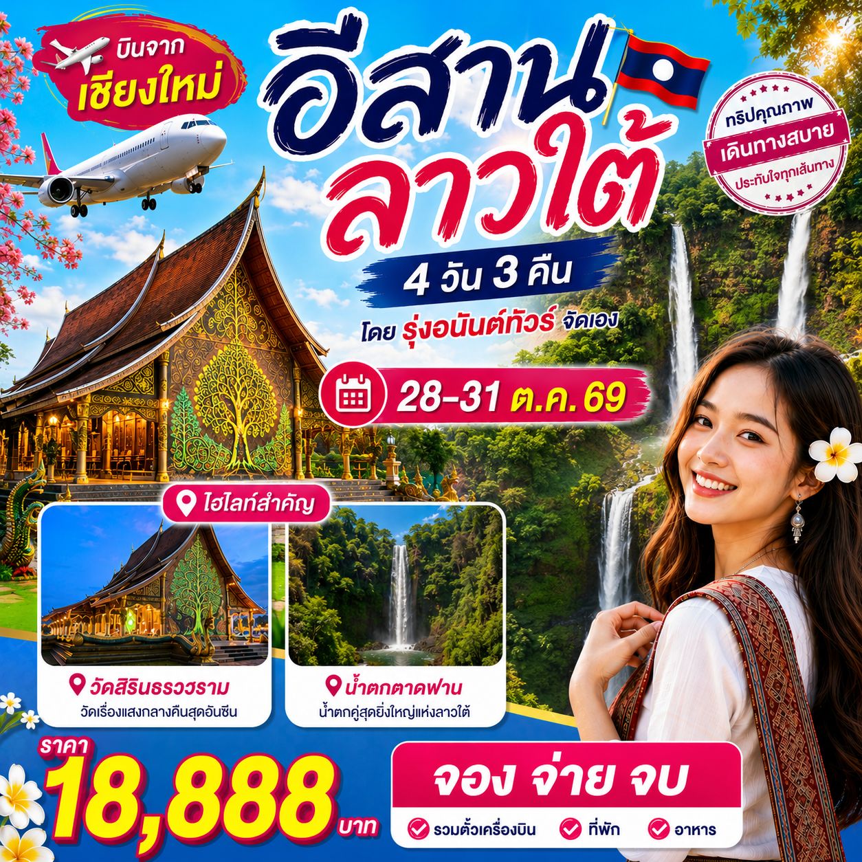 บินจากเชียงใหม่-อุบลฯ อีสาน ลาวใต้ 4วัน3คืน (ต่อเครื่อง กทม.)