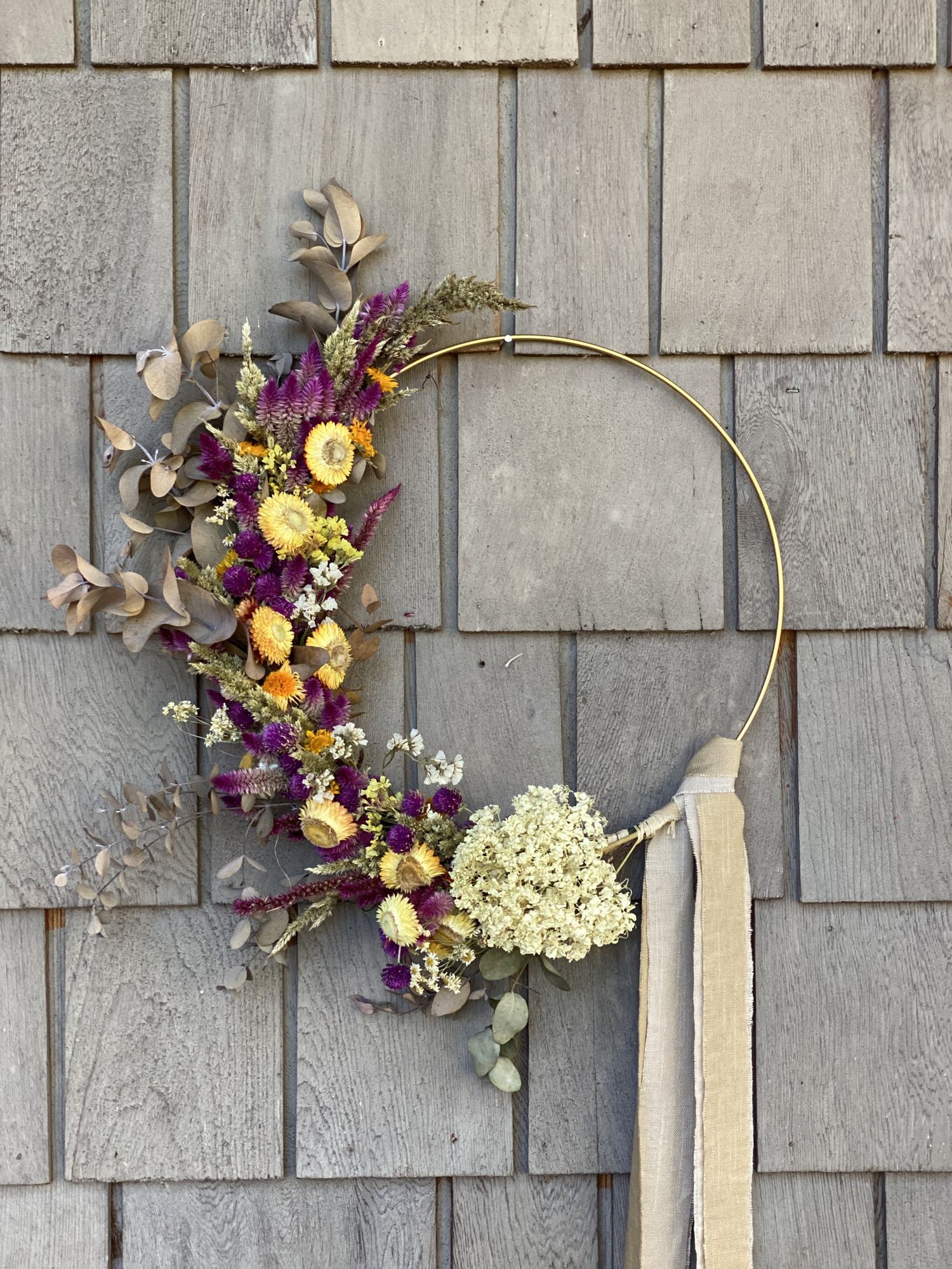 WH2:  14" Dried Flower Gold Hoop Wreath