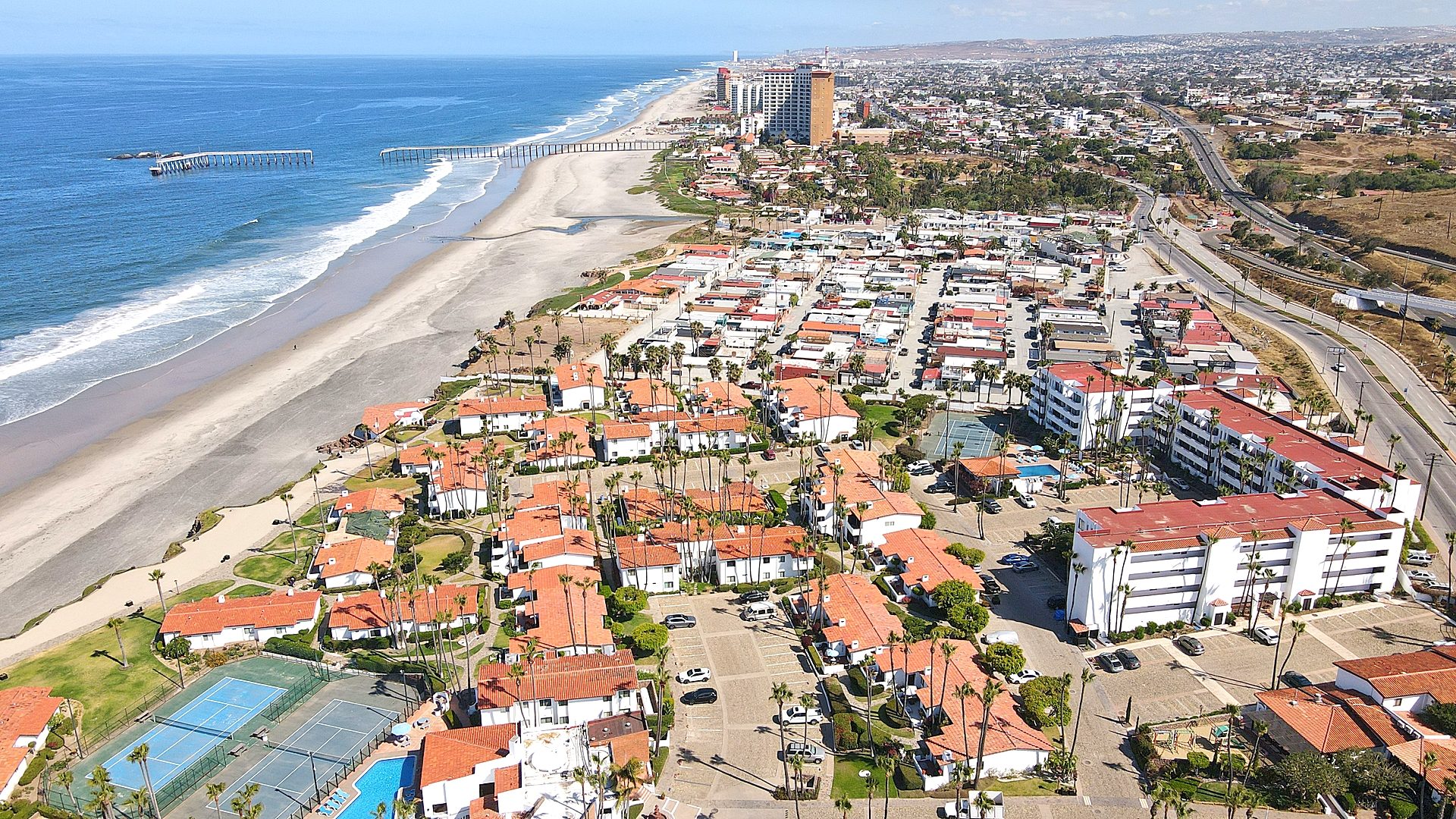 Gated entrance of secured beachfront community in Rosarito Beach, Baja California