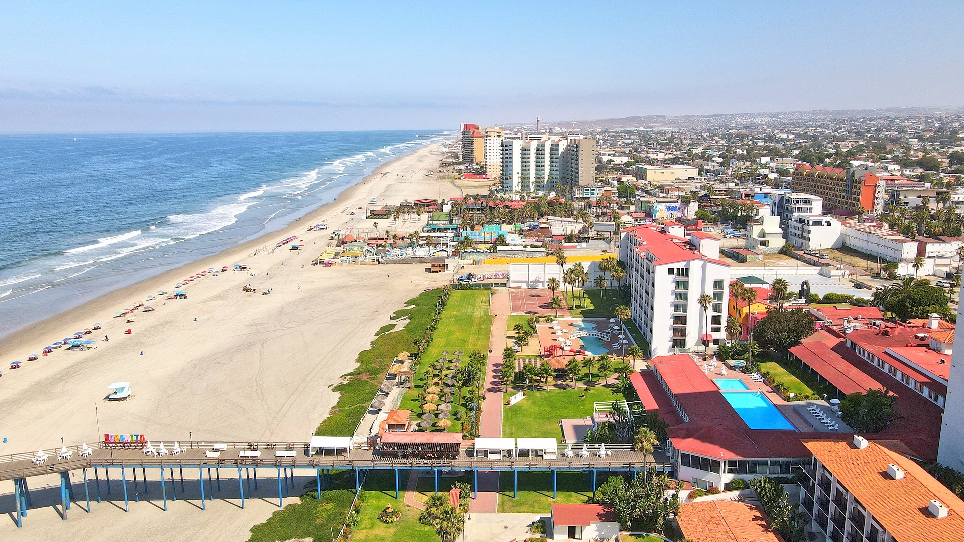 Aerial view of Pacific coastline in Baja California showing point breaks and beach breaks near Rosarito