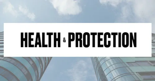 Health & Protection logo over two modern sky scrapers