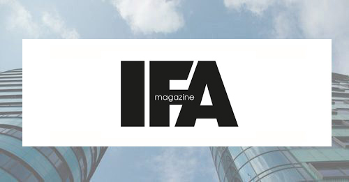 The IFA magazine logo on top of two modern sky scrapers