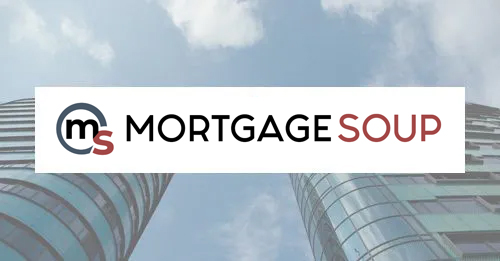 Mortgage Soup logo over two modern sky scrapers