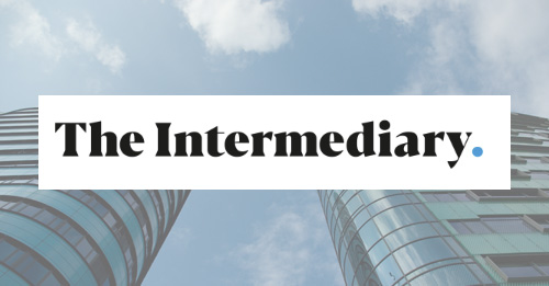 The Intermediary logo over two modern sky scrapers