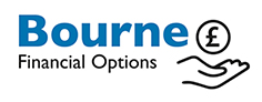 A company logo with the name Bourne in blue text and Financial Options in black text followed by a circle with a pound sign above a hand reaching out.