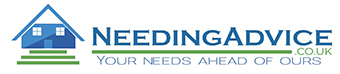 A company logo with a blue house with two square widows a door and a triangular roof, with three green steps leading to the house. The text Needing advice in capital letters and blue with a green underline followed by .co.uk and a tag line in blue text stating Your needs ahead of ours.