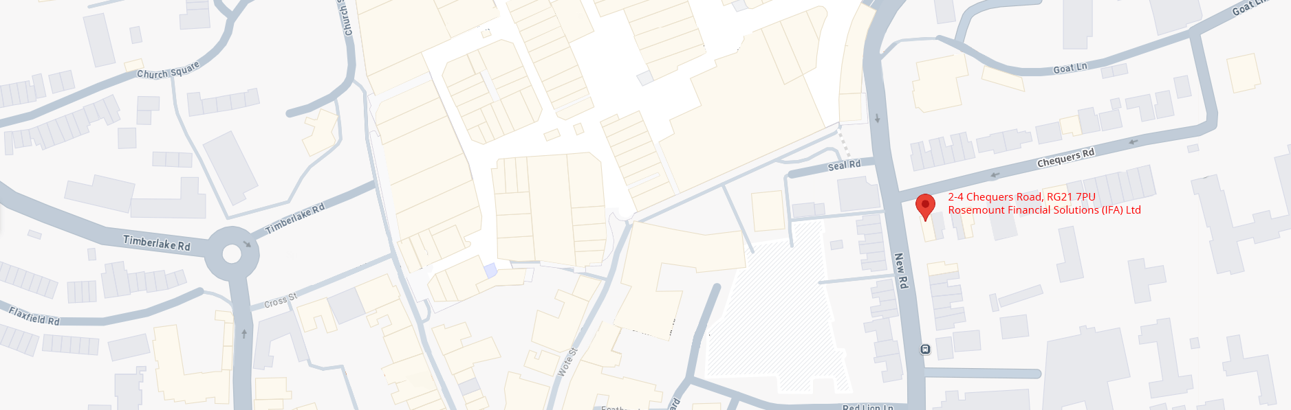 A map of Basingstoke, with a pin marking the location of the Rosemount Financial Solutions IFA office.