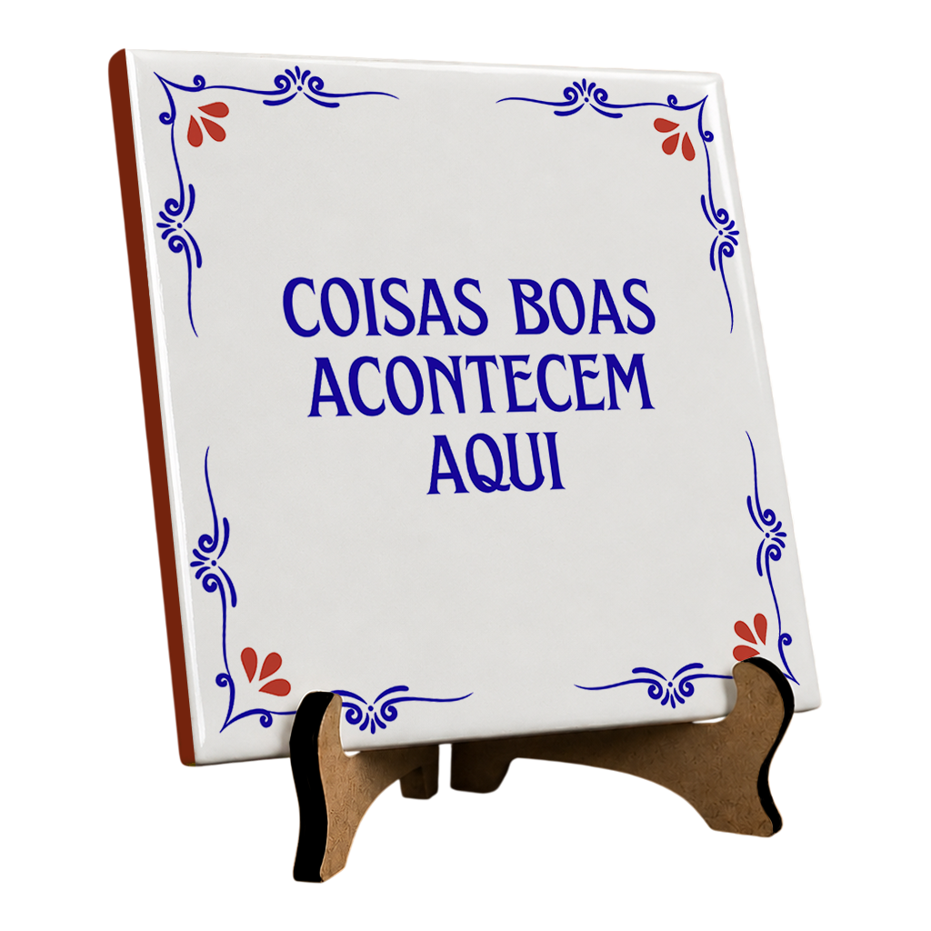 Azulejo Decorativo Com Frase - Coisas Boas Acontecem Aqui - 10x10cm - Vista 2